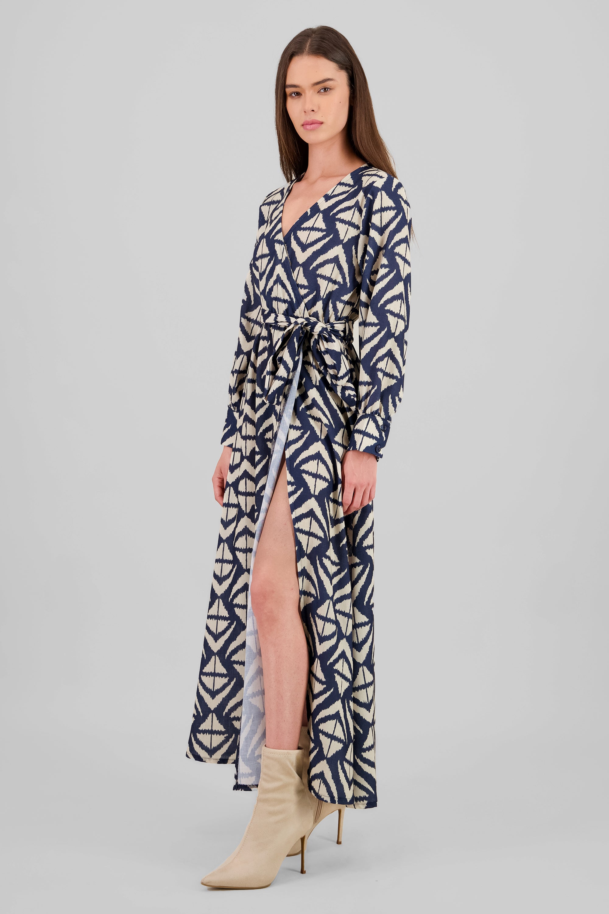 Long Sleeve Geometric Print Maxi Dress NAVY COMBO