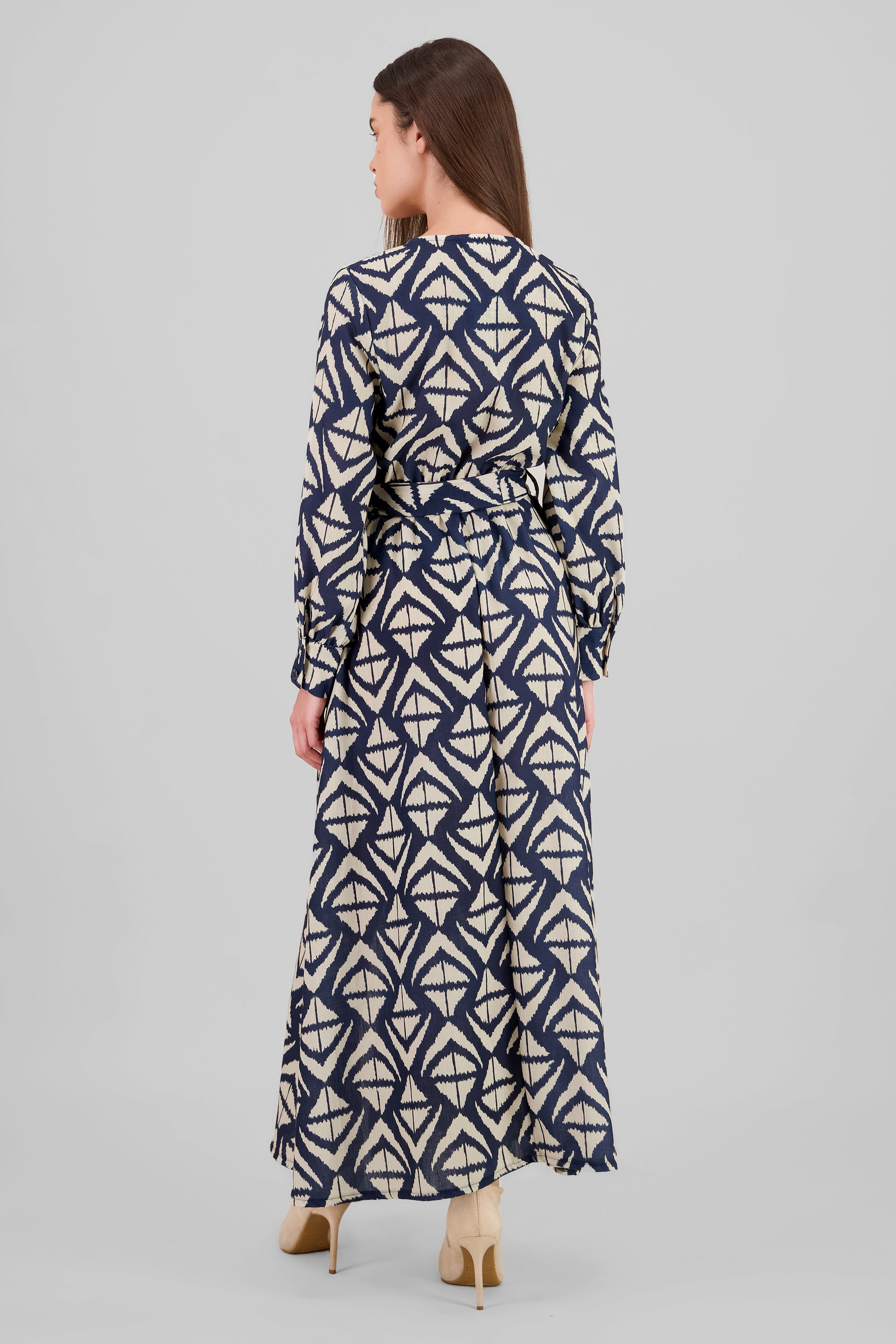 Long Sleeve Geometric Print Maxi Dress NAVY COMBO