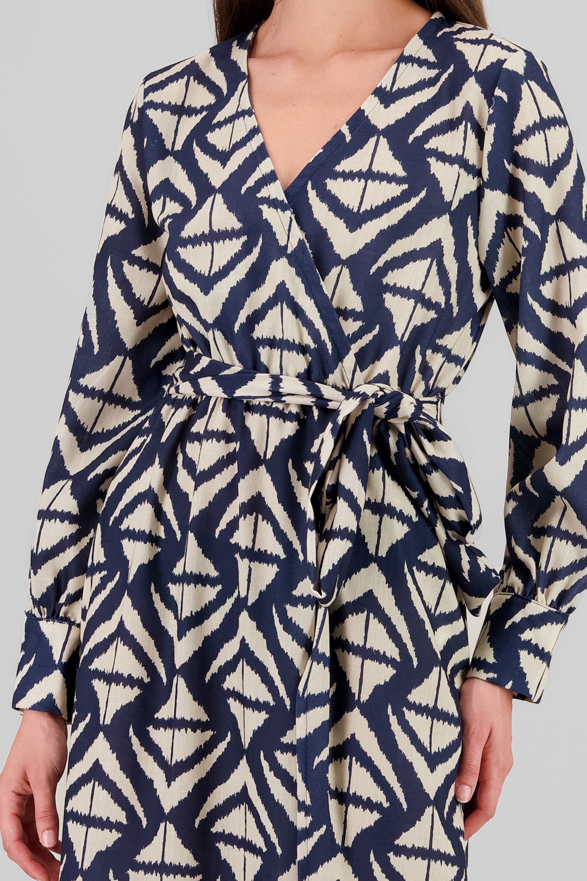 Long Sleeve Geometric Print Maxi Dress NAVY COMBO