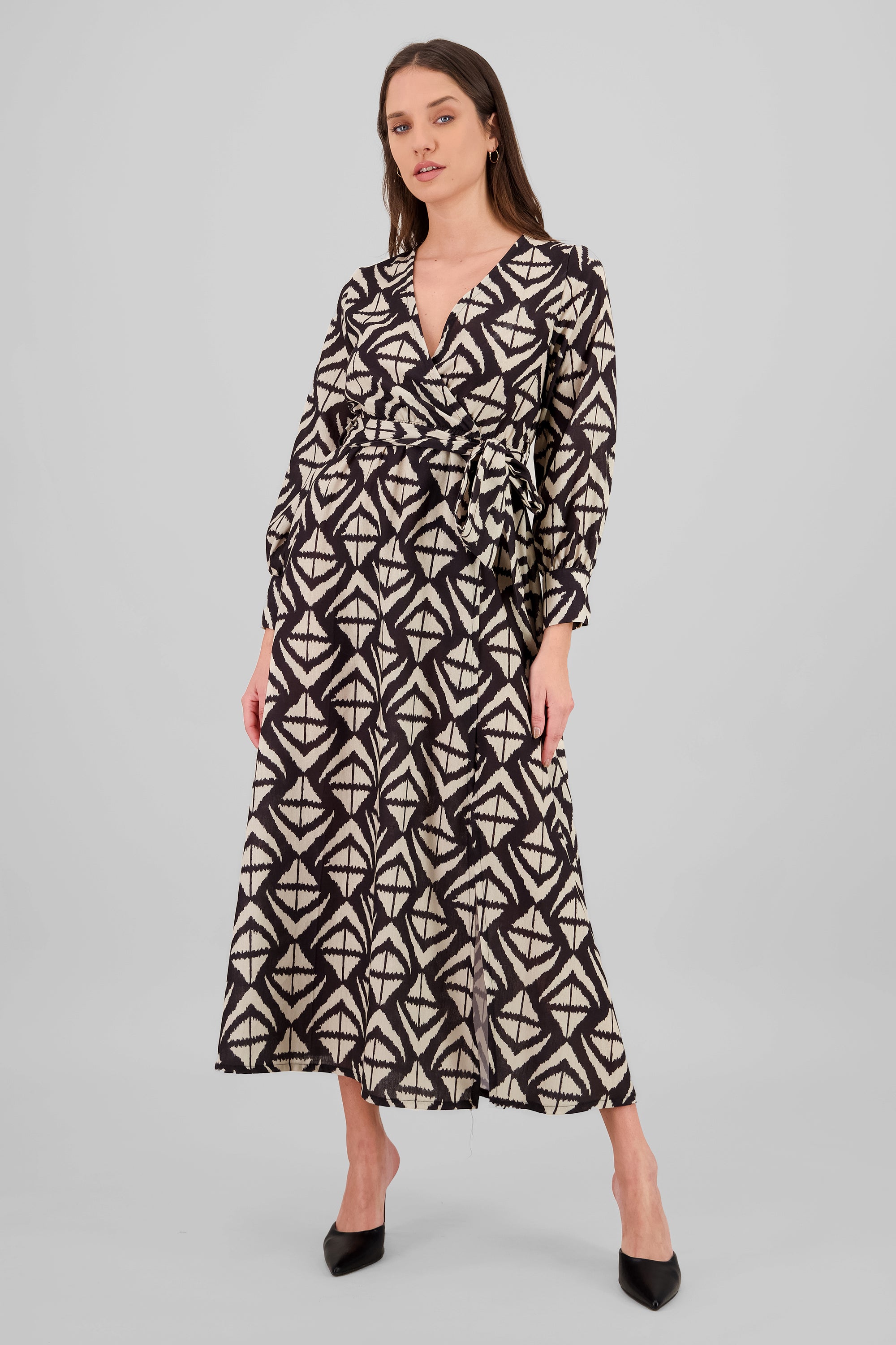 Long Sleeve Geometric Print Maxi Dress BLACK COMBO