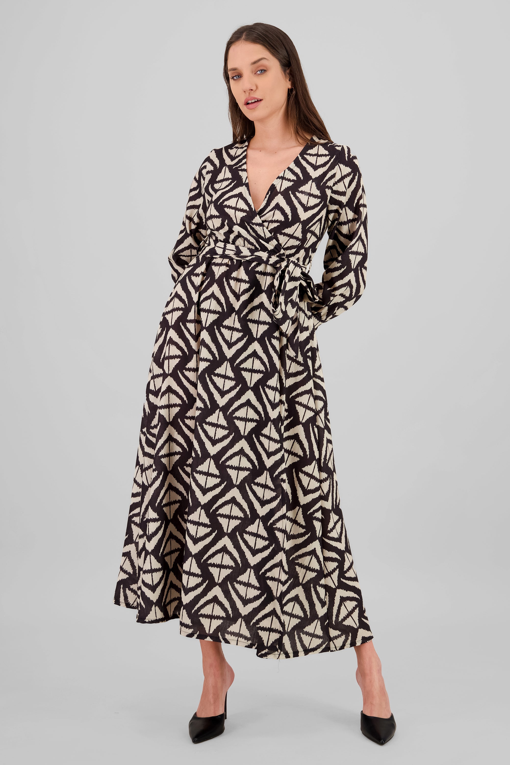 Long Sleeve Geometric Print Maxi Dress BLACK COMBO