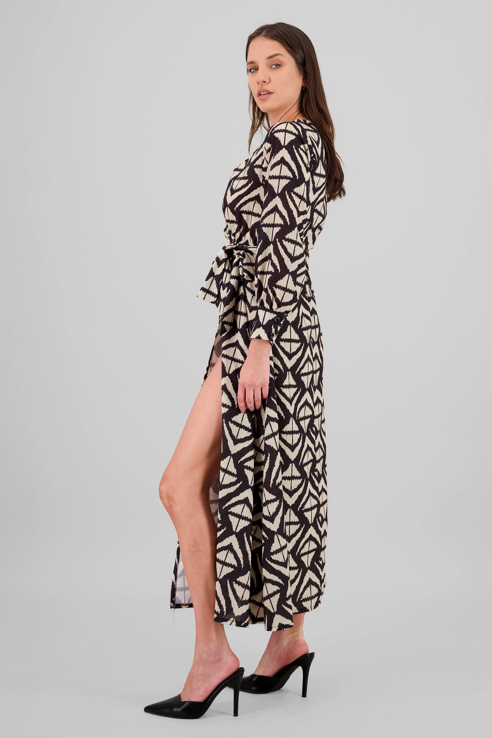 Long Sleeve Geometric Print Maxi Dress BLACK COMBO