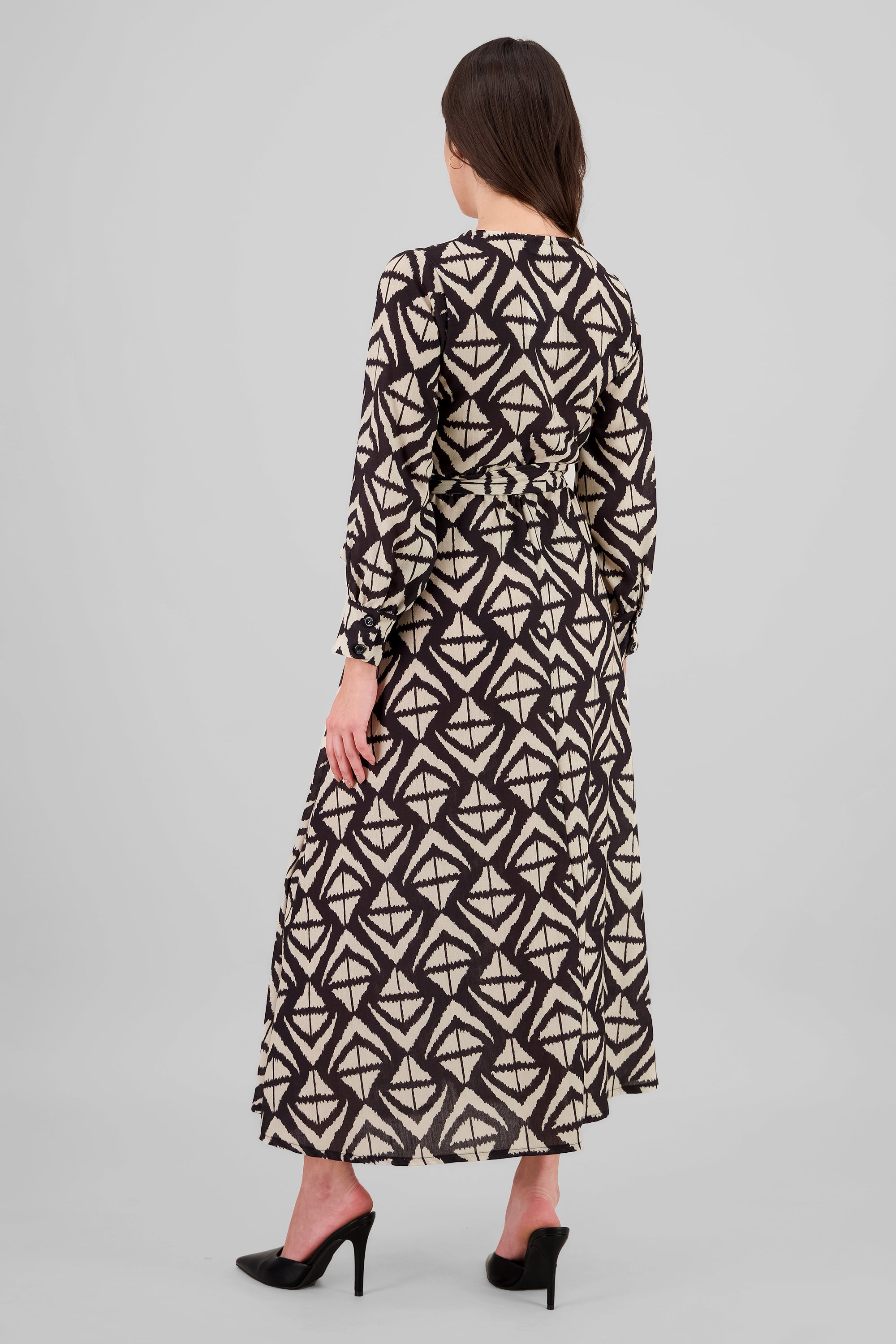 Long Sleeve Geometric Print Maxi Dress BLACK COMBO