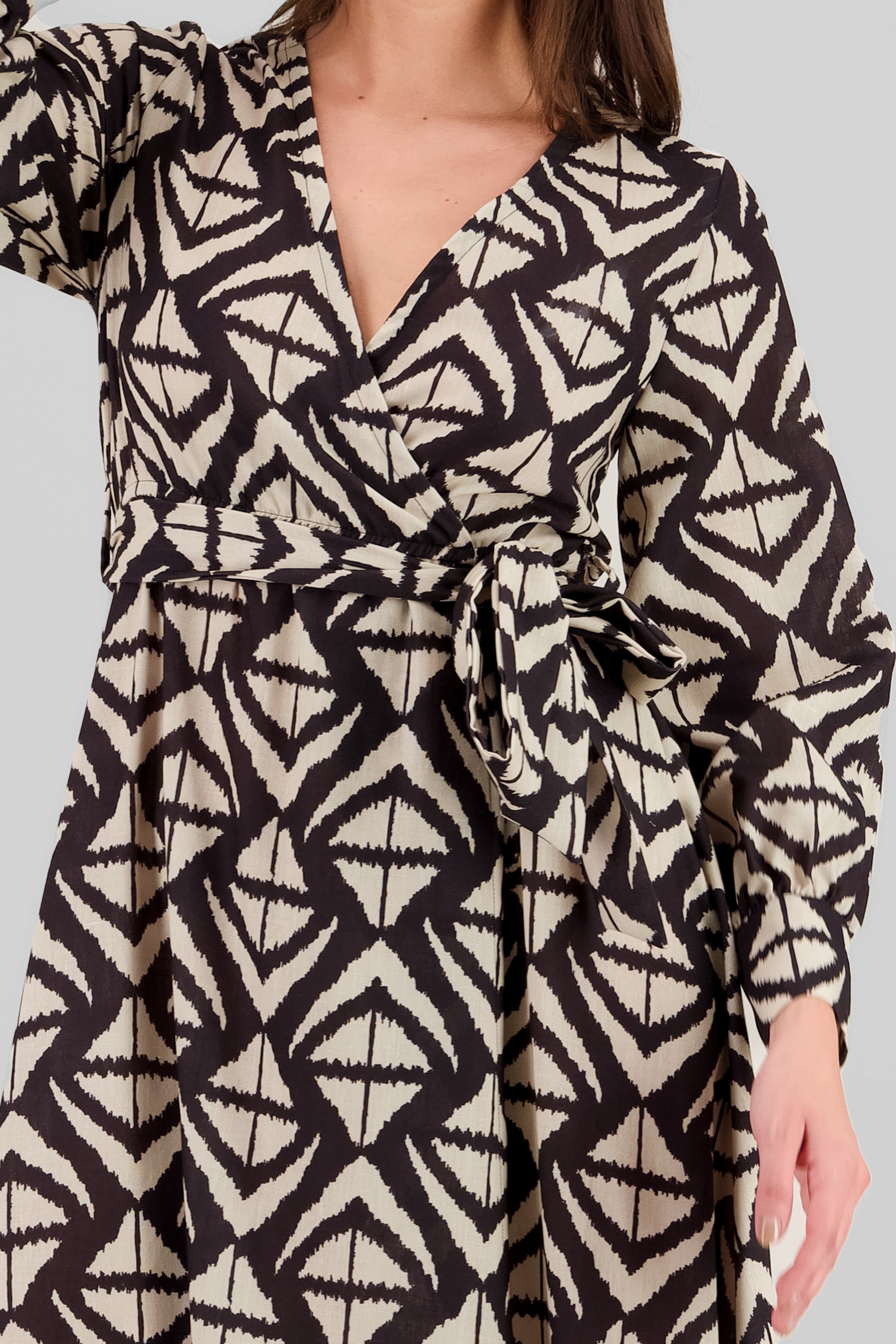 Long Sleeve Geometric Print Maxi Dress BLACK COMBO