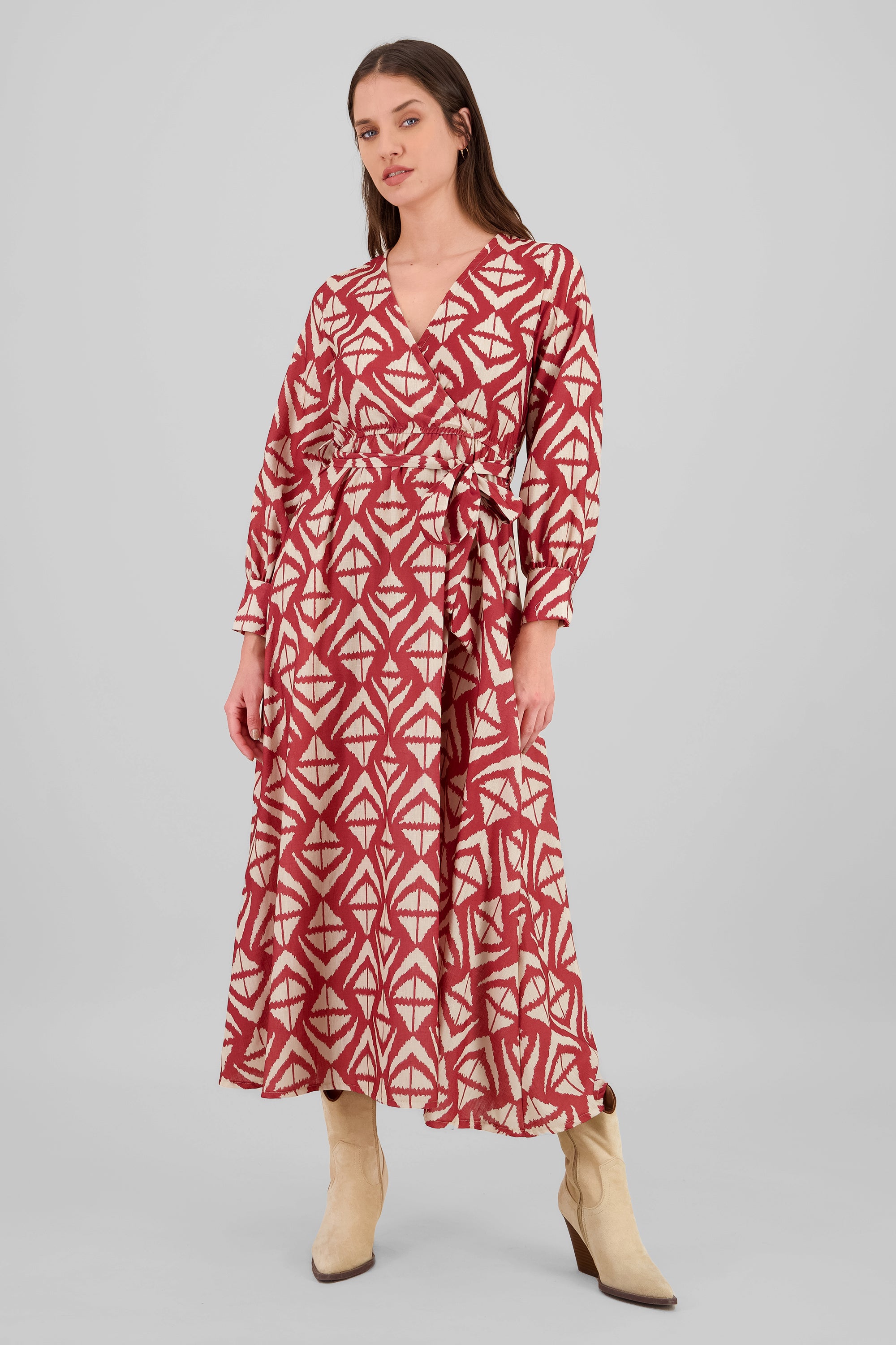 Long Sleeve Geometric Print Maxi Dress RED COMBO