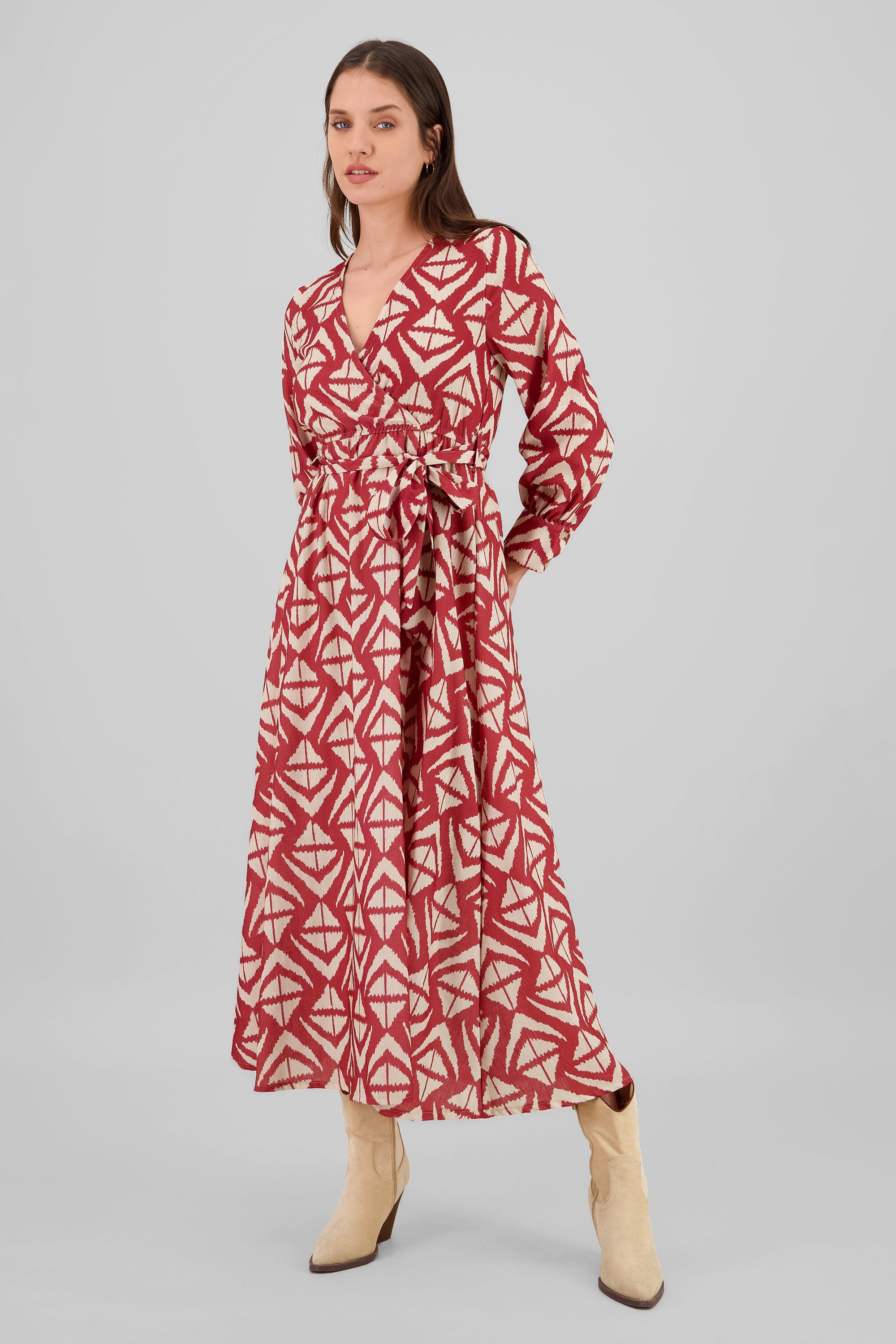 Long Sleeve Geometric Print Maxi Dress RED COMBO