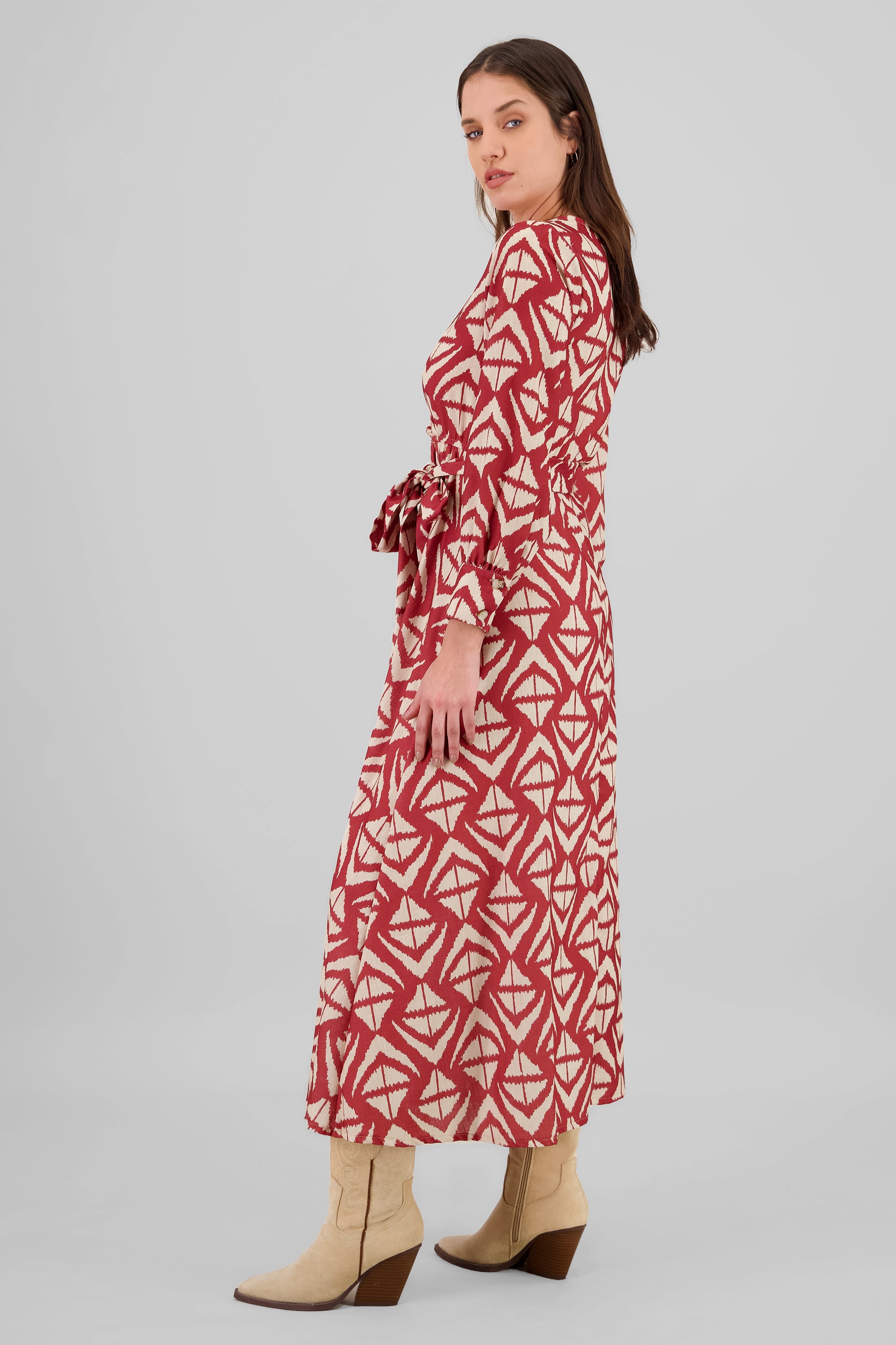 Long Sleeve Geometric Print Maxi Dress RED COMBO