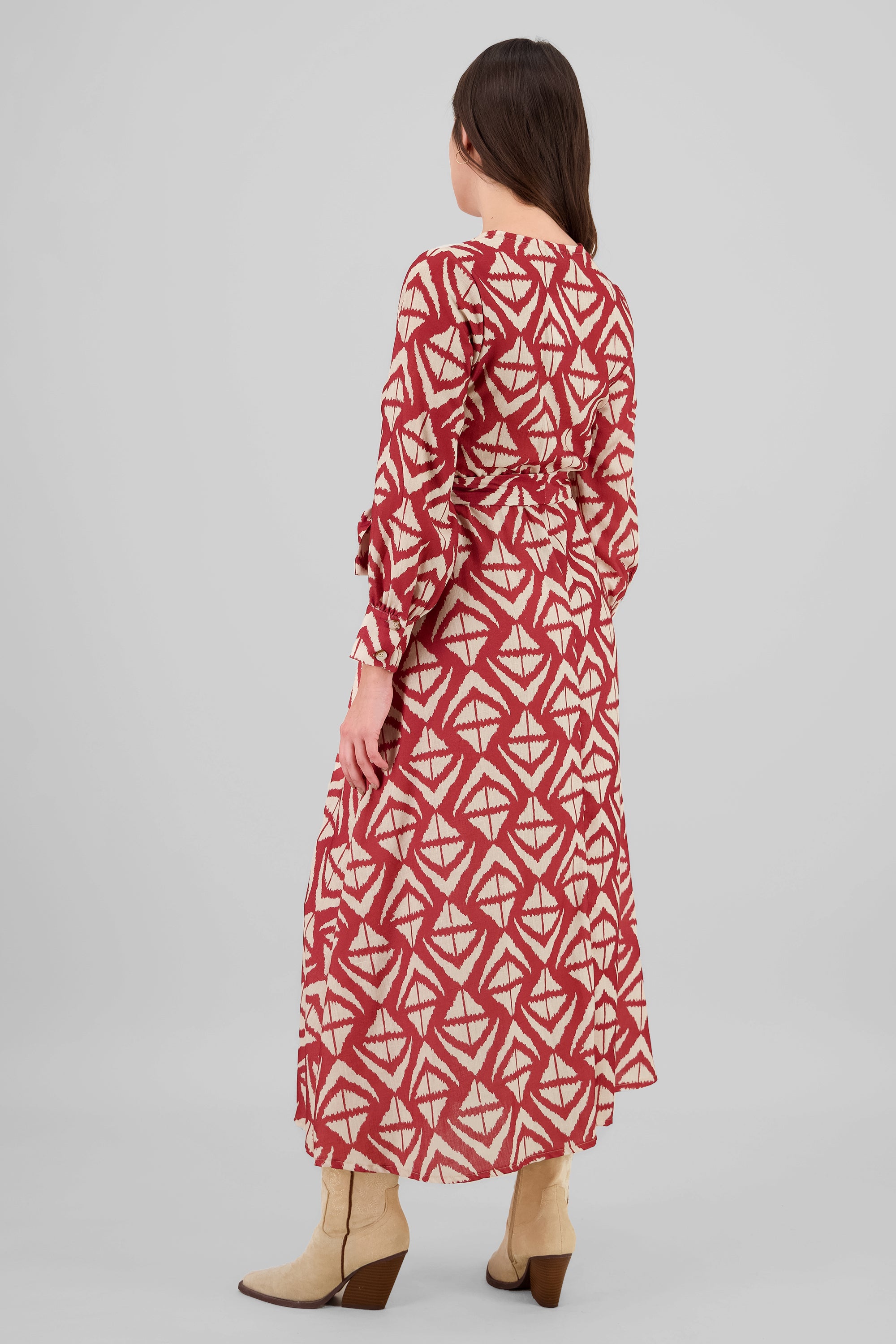 Long Sleeve Geometric Print Maxi Dress RED COMBO