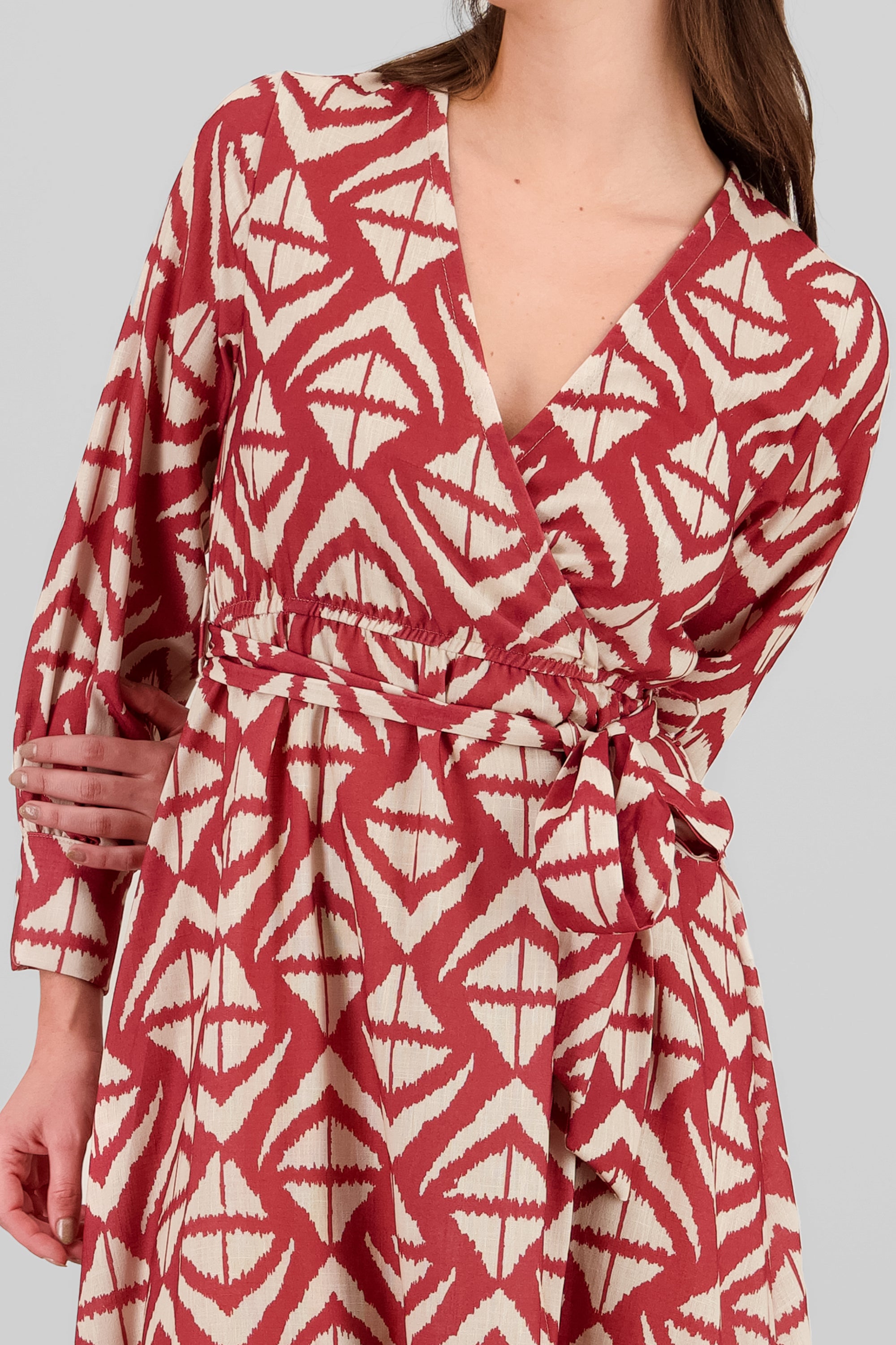 Long Sleeve Geometric Print Maxi Dress RED COMBO