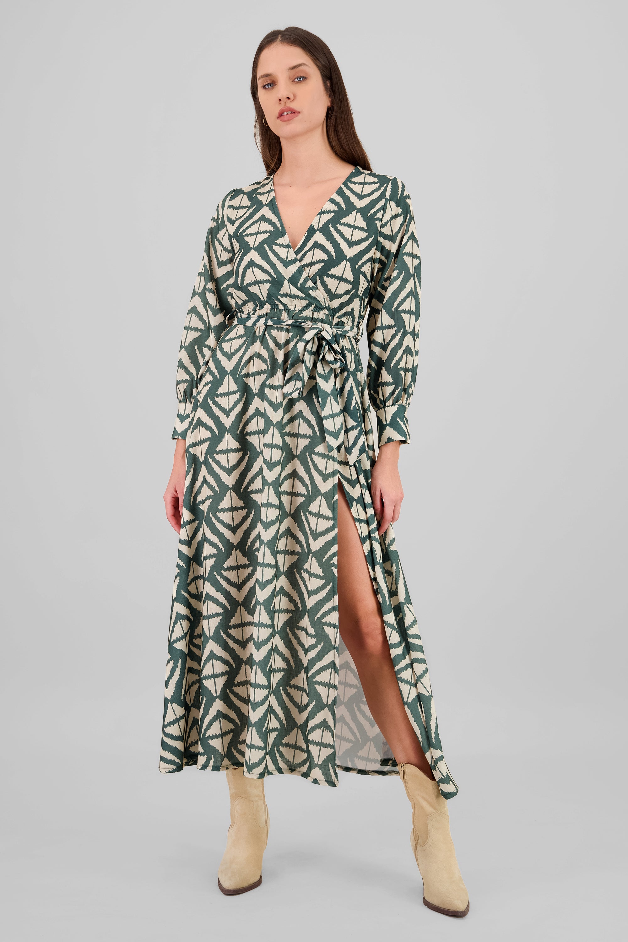 Long Sleeve Geometric Print Maxi Dress GREEN COMBO