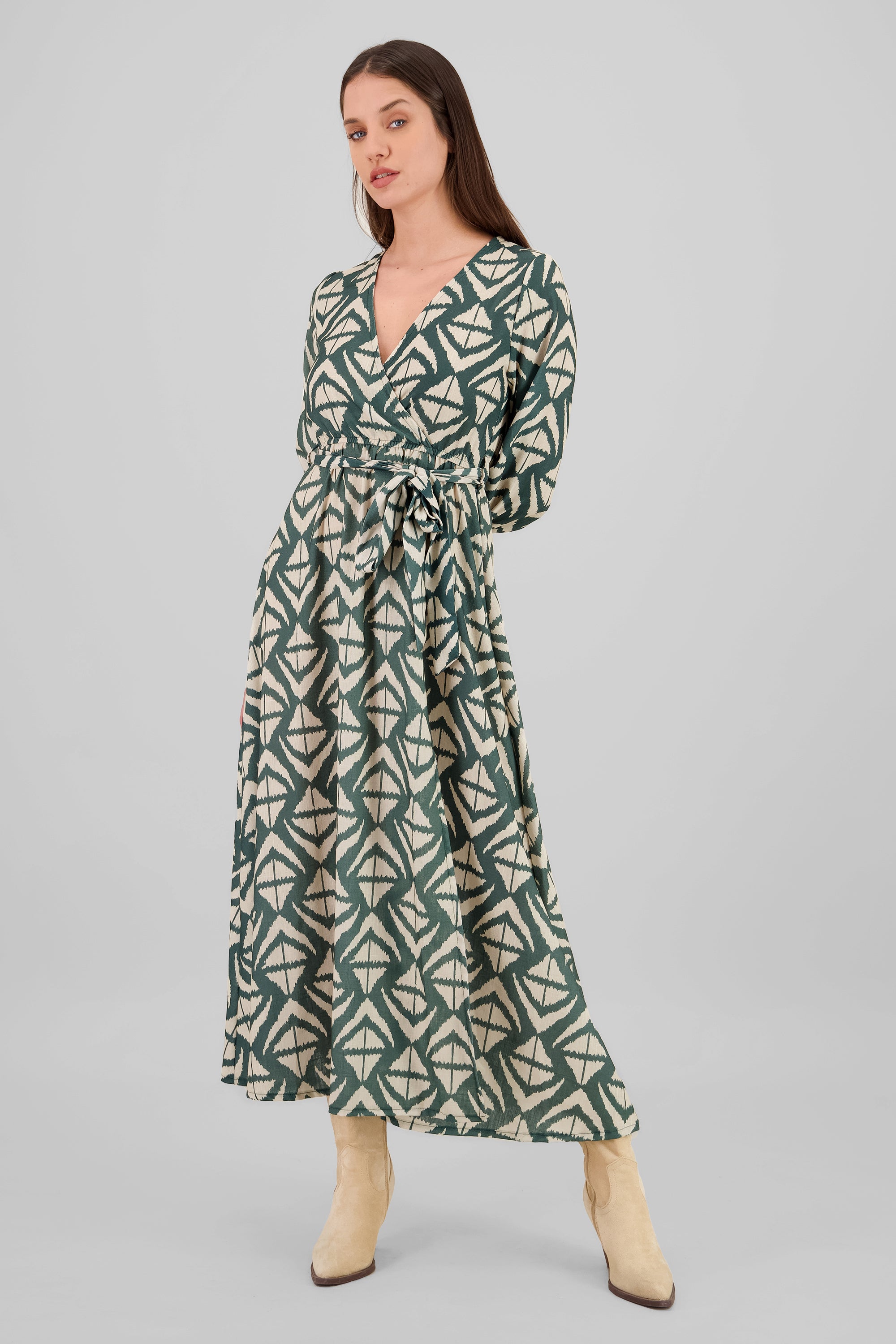 Long Sleeve Geometric Print Maxi Dress GREEN COMBO