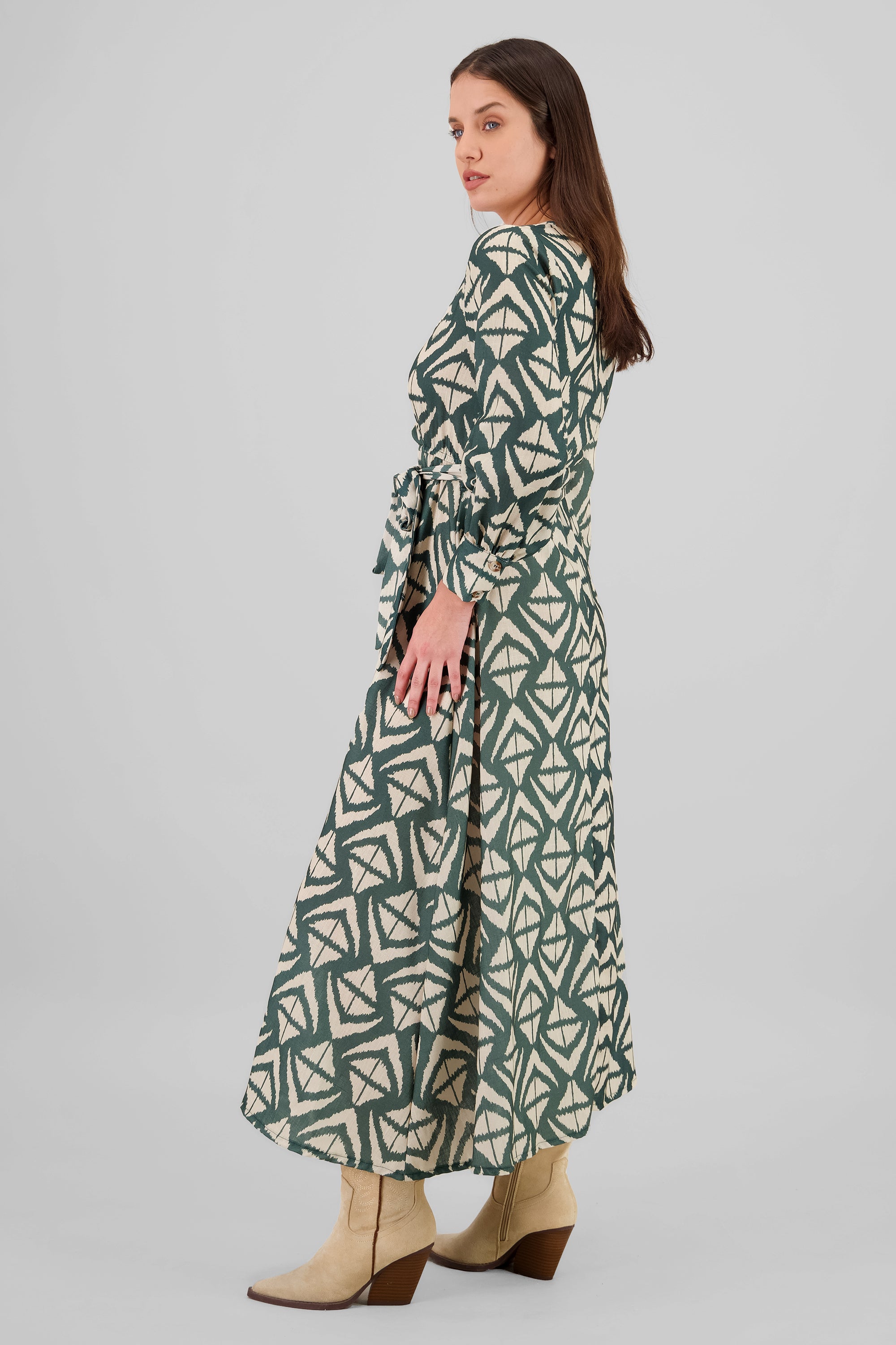 Long Sleeve Geometric Print Maxi Dress GREEN COMBO