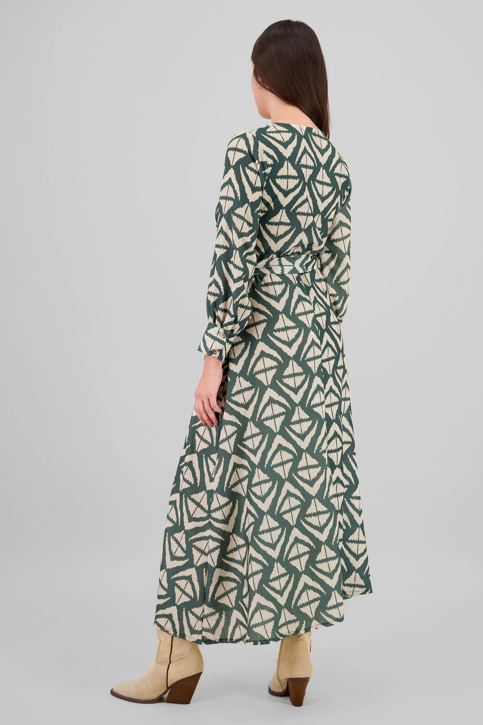 Long Sleeve Geometric Print Maxi Dress GREEN COMBO