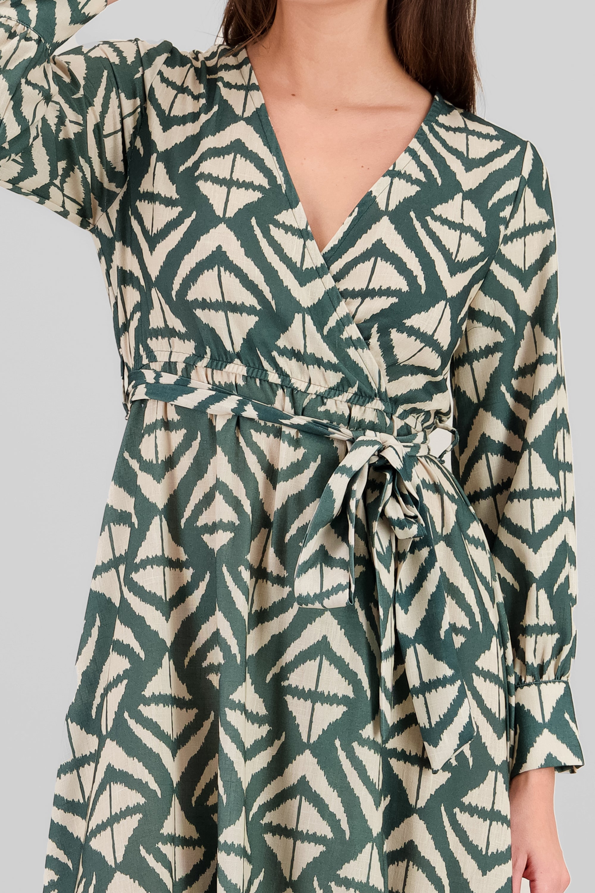 Long Sleeve Geometric Print Maxi Dress GREEN COMBO