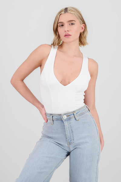 Solid Deep V Neck Bodysuit WHITE