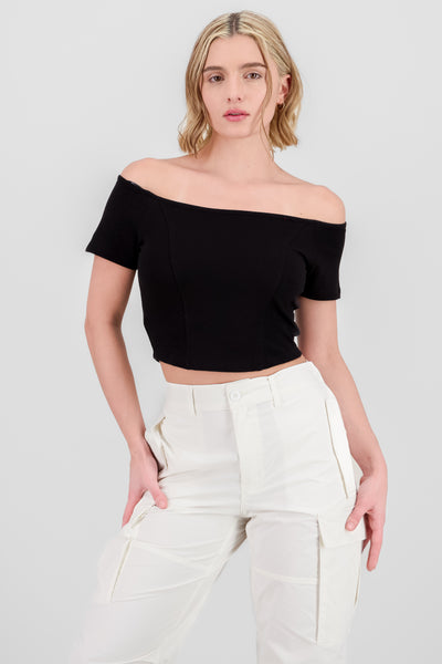 Solid Cropped Off Shoulder Top BLACK