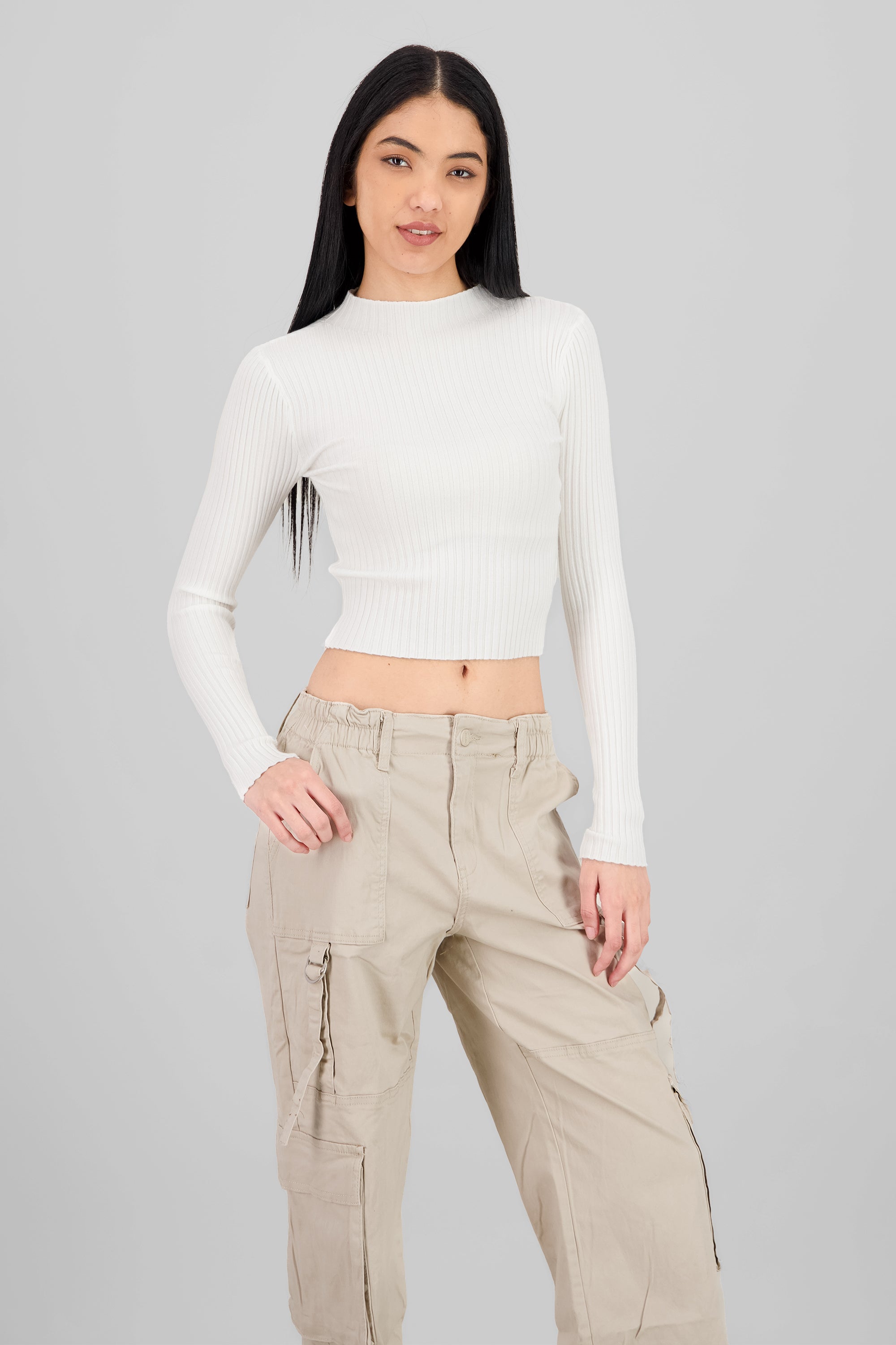 Ribbed High Neck Long Sleeve Top WHITE