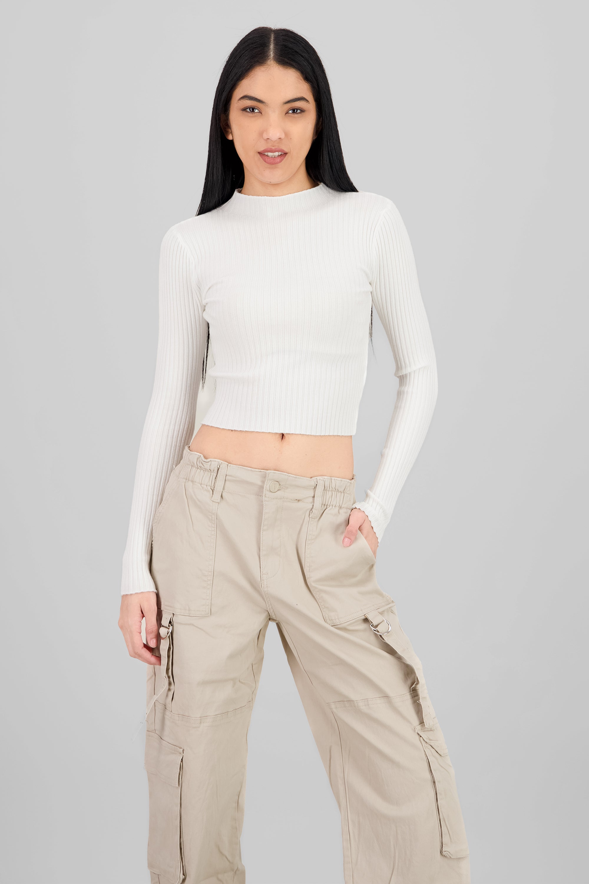 Ribbed High Neck Long Sleeve Top WHITE