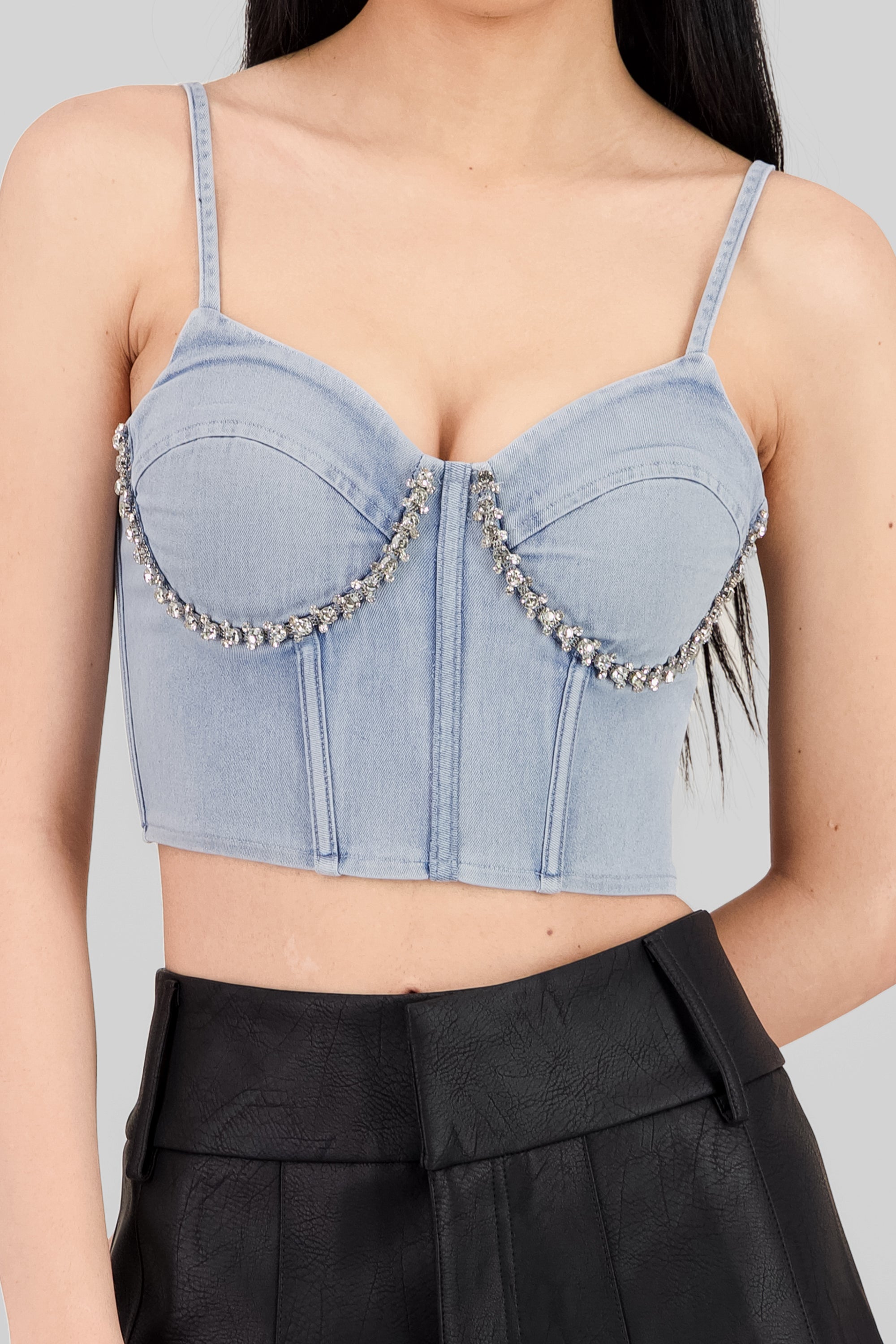 Denim Corset with Rhinestones LIGHT WASH