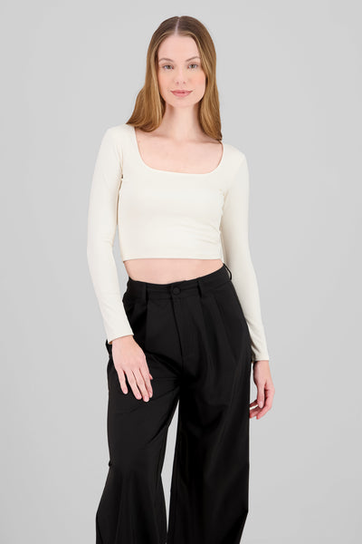 Square Neck Long Sleeve Top BLACK