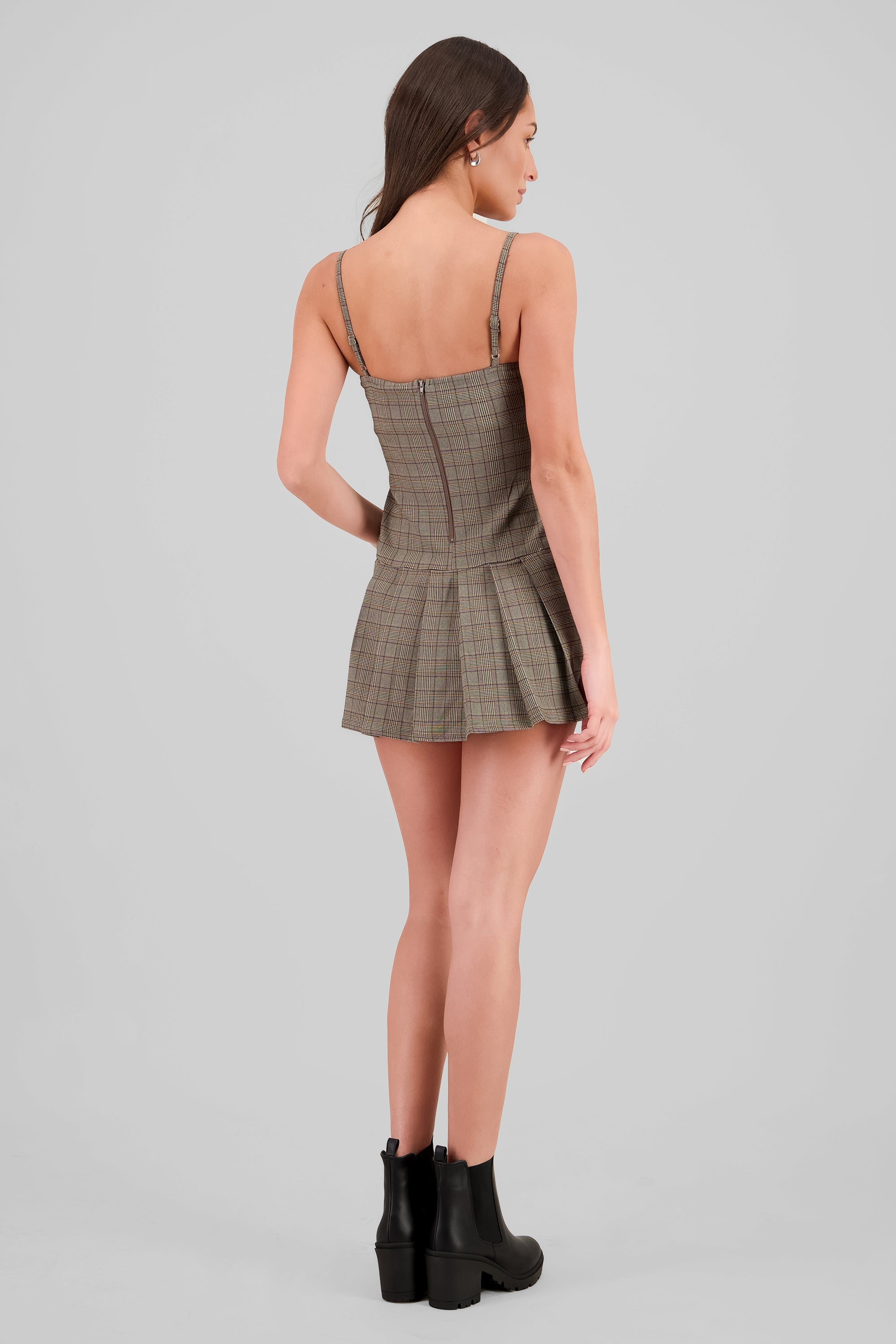 Plaid Pleated Dress BROWN COMBO