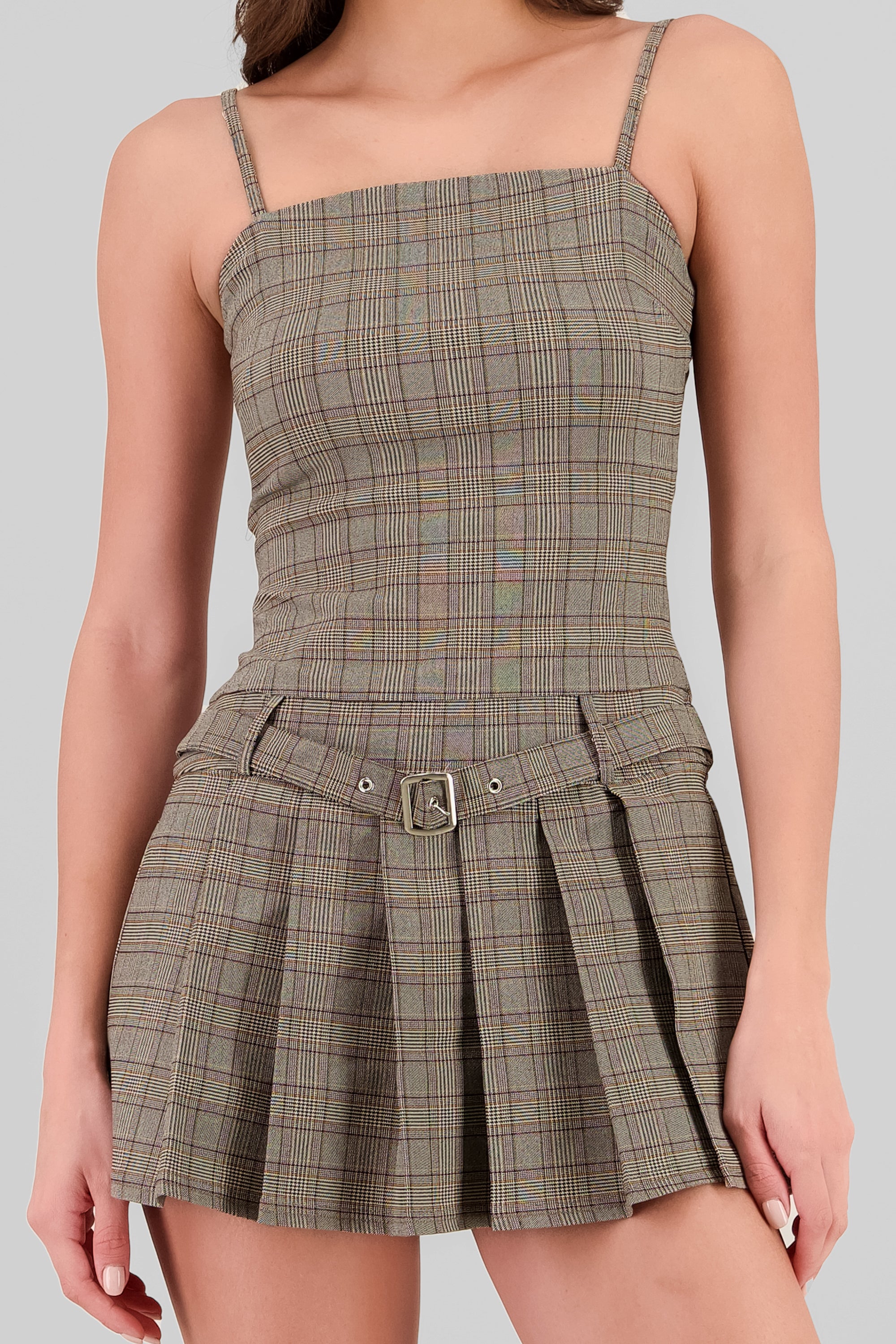 Plaid Pleated Dress BROWN COMBO