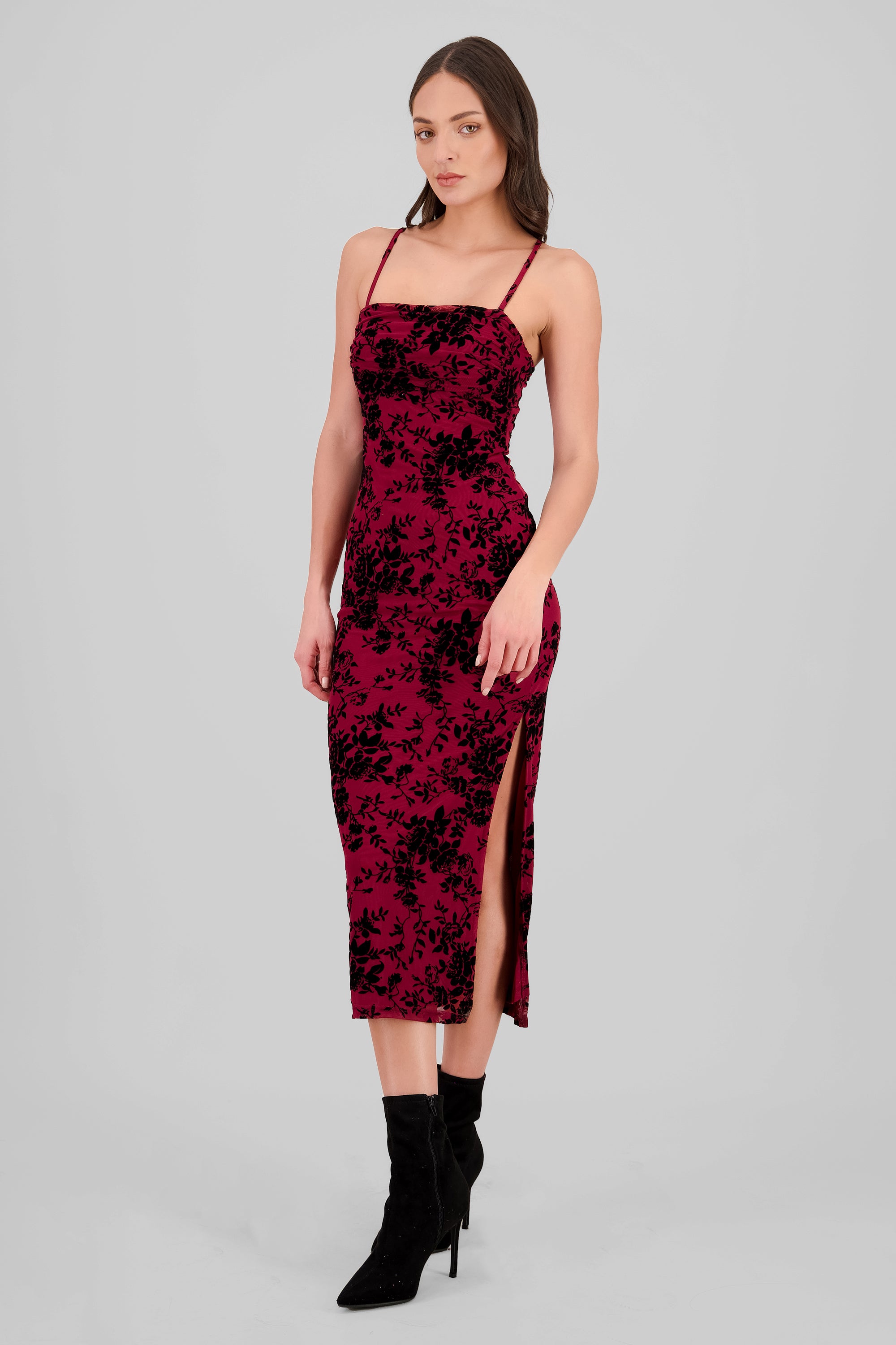 Flocked Mesh Midi Dress PLUM