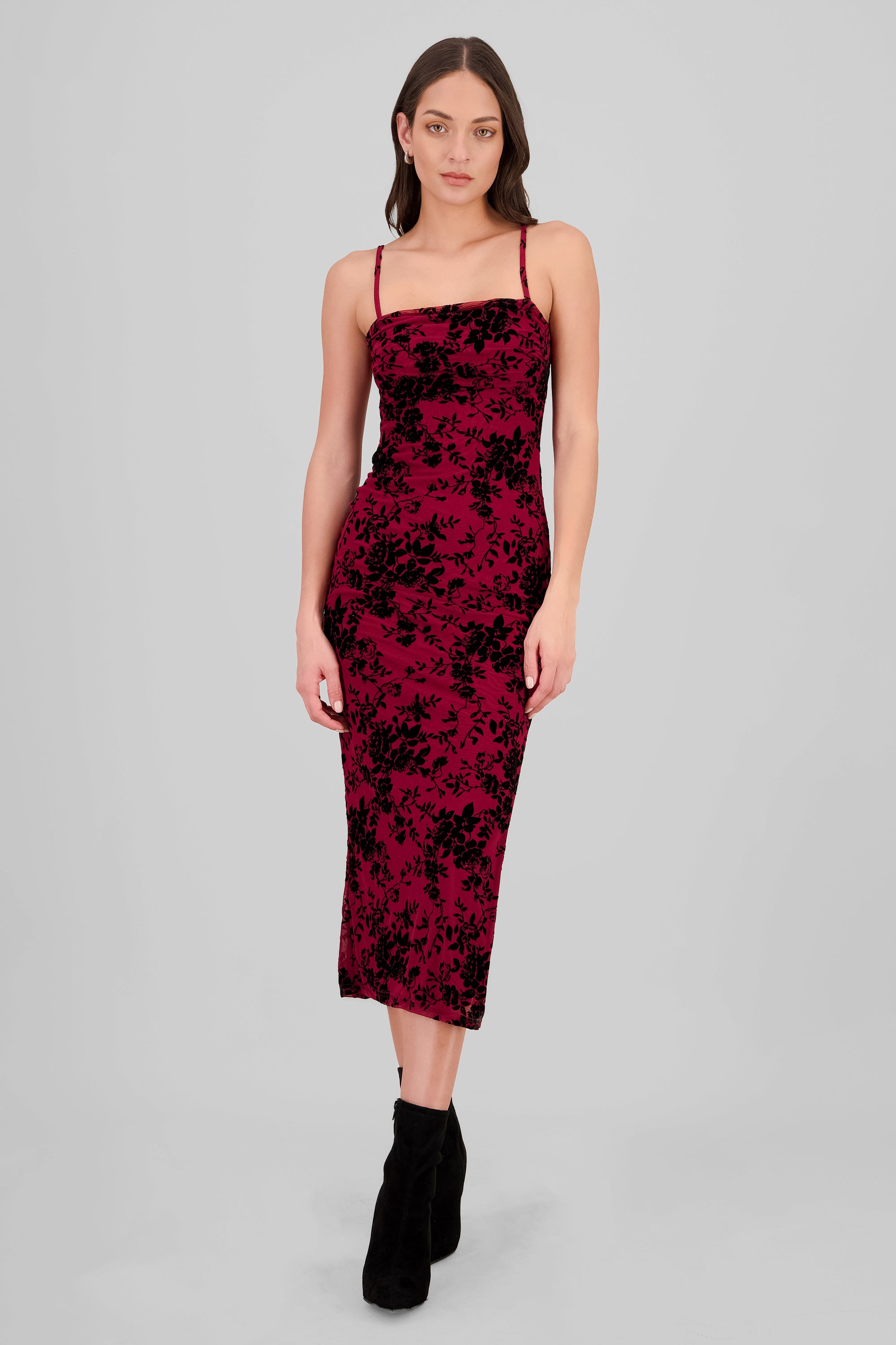 Flocked Mesh Midi Dress PLUM