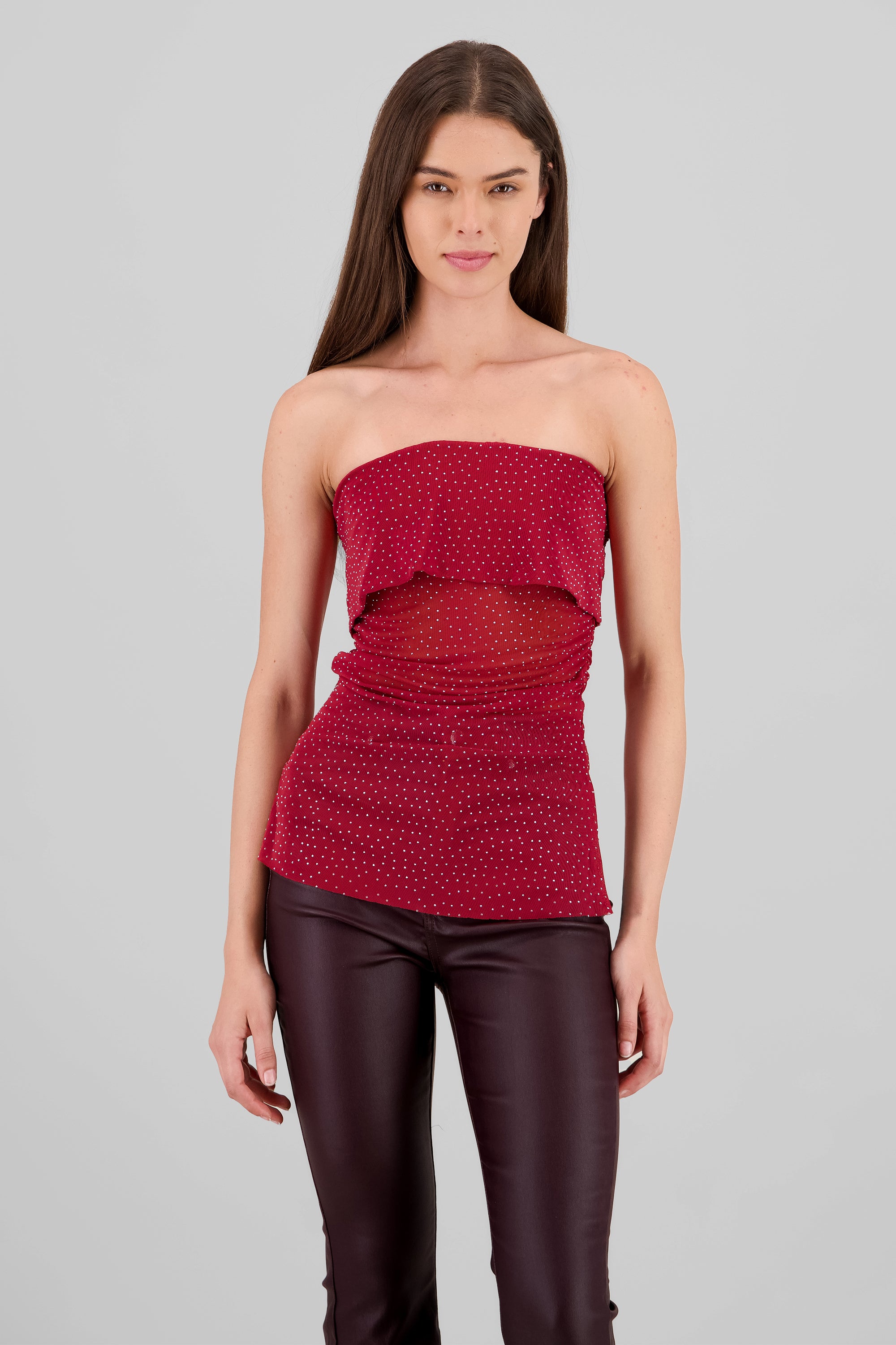 Sparkly Mesh Strapless Top RED