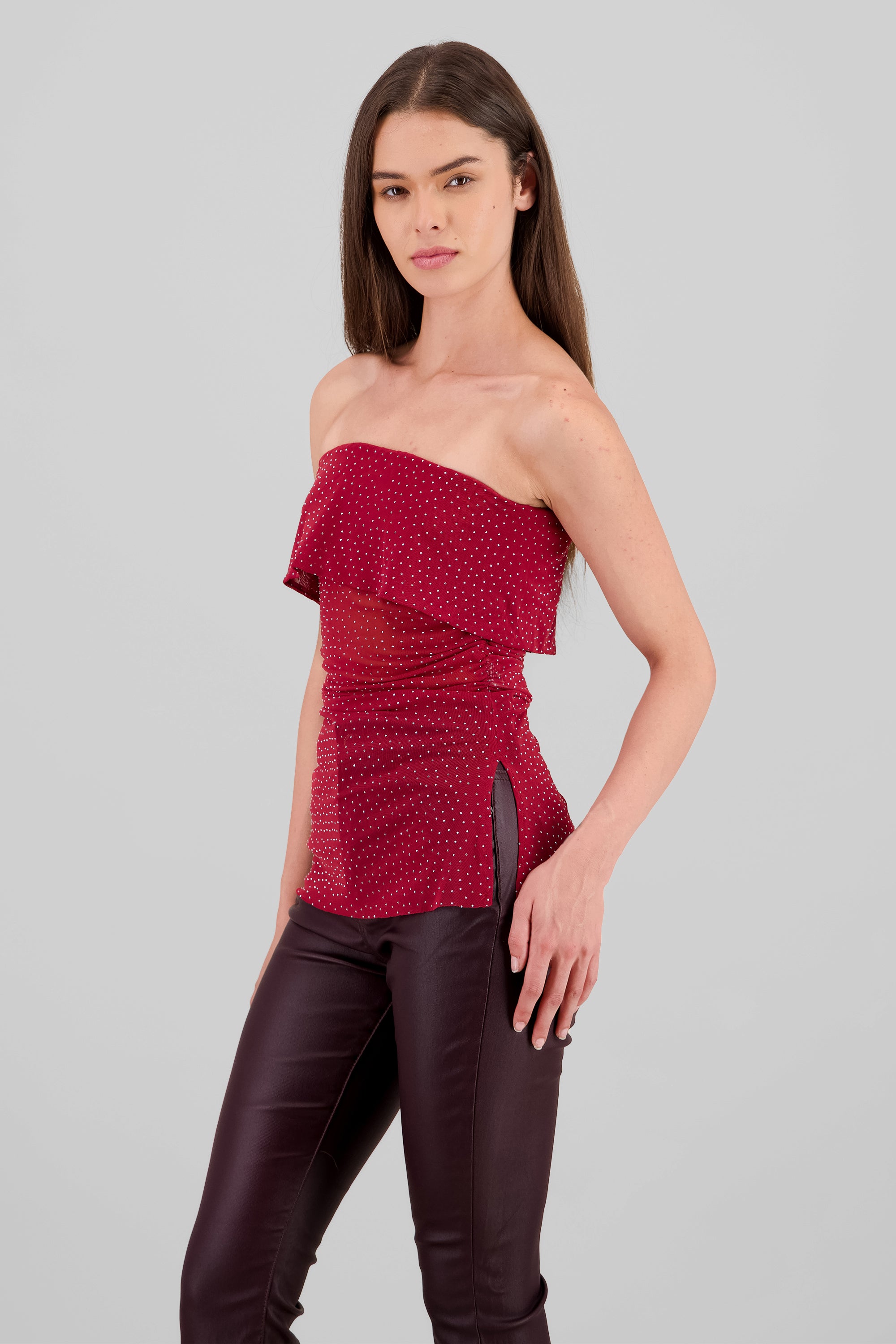 Sparkly Mesh Strapless Top RED