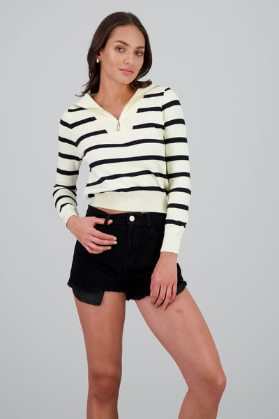 Half Zip Striped Sweater BLACK/WHITE