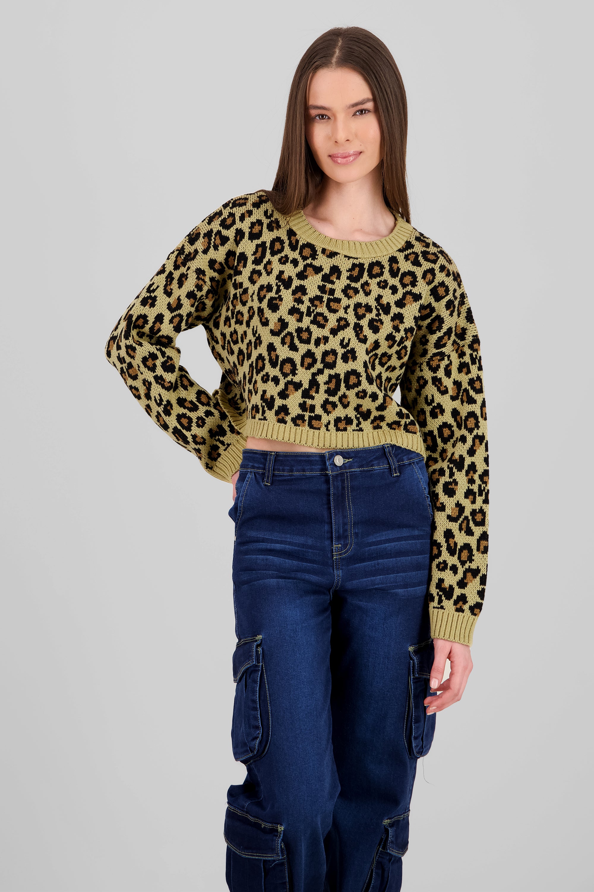 Animal Print Knit Sweater BROWN COMBO