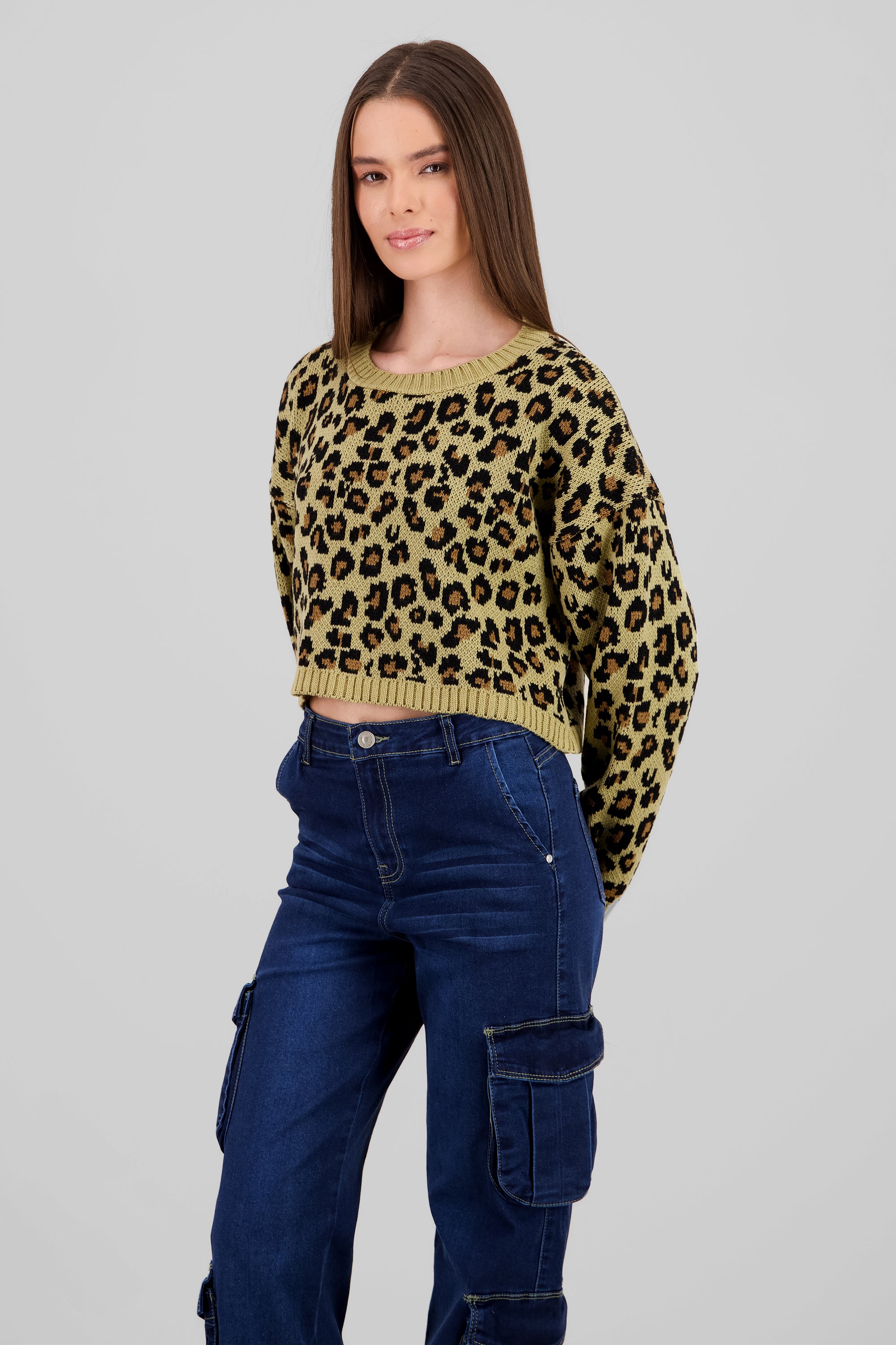 Animal Print Knit Sweater BROWN COMBO