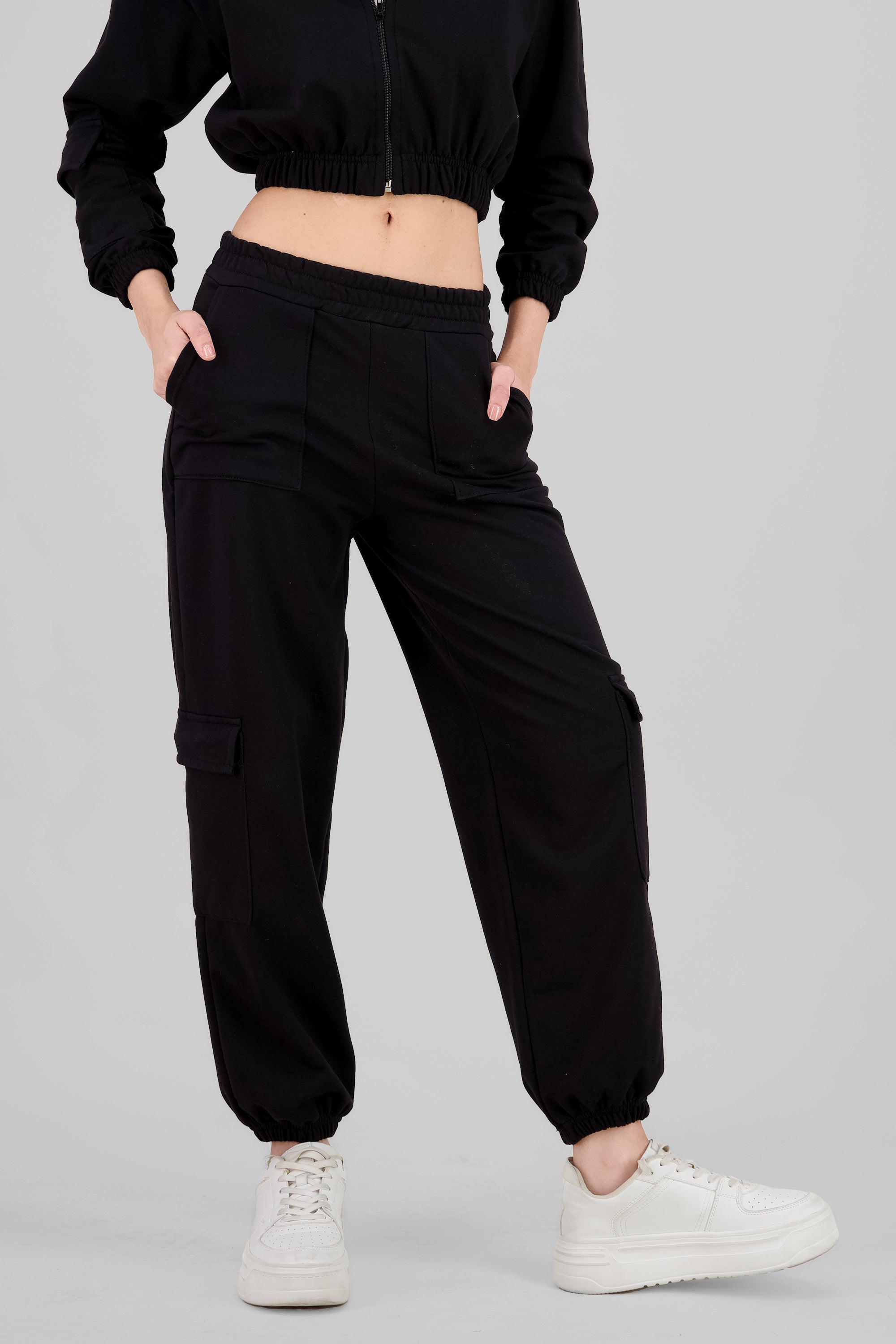 Elastic Waist Cargo Pants BLACK