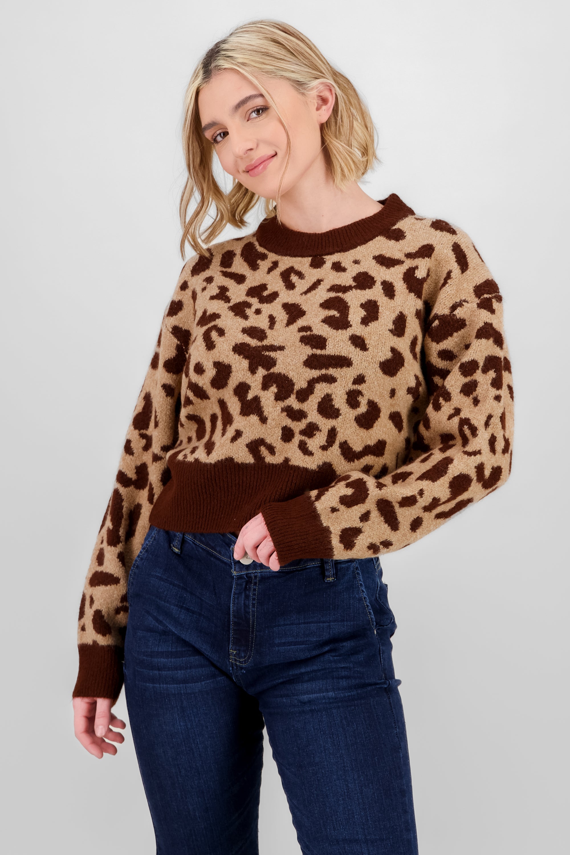 Soft Animal Print Sweater BROWN COMBO