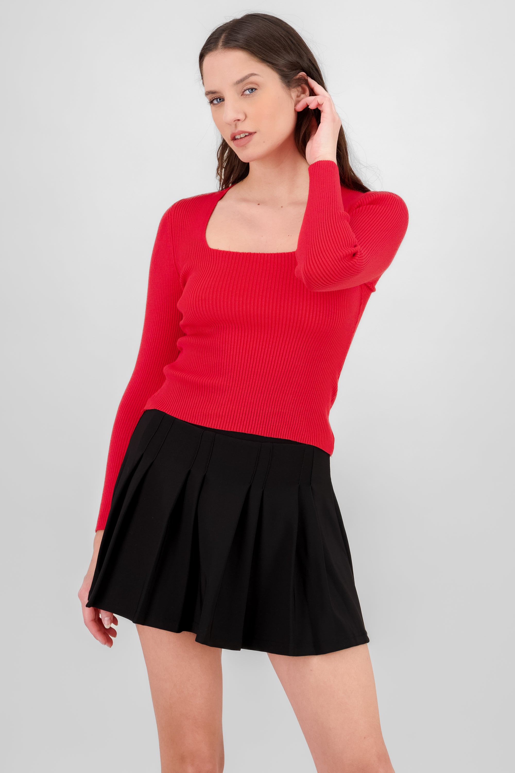 Square Neck Knit Sweater RED