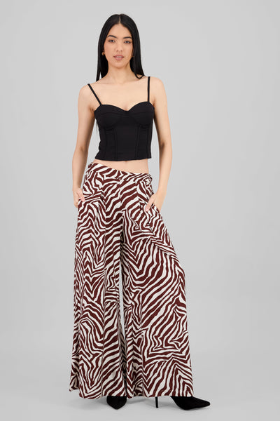 Wide Leg Fluid Animal Print Pants BROWN COMBO