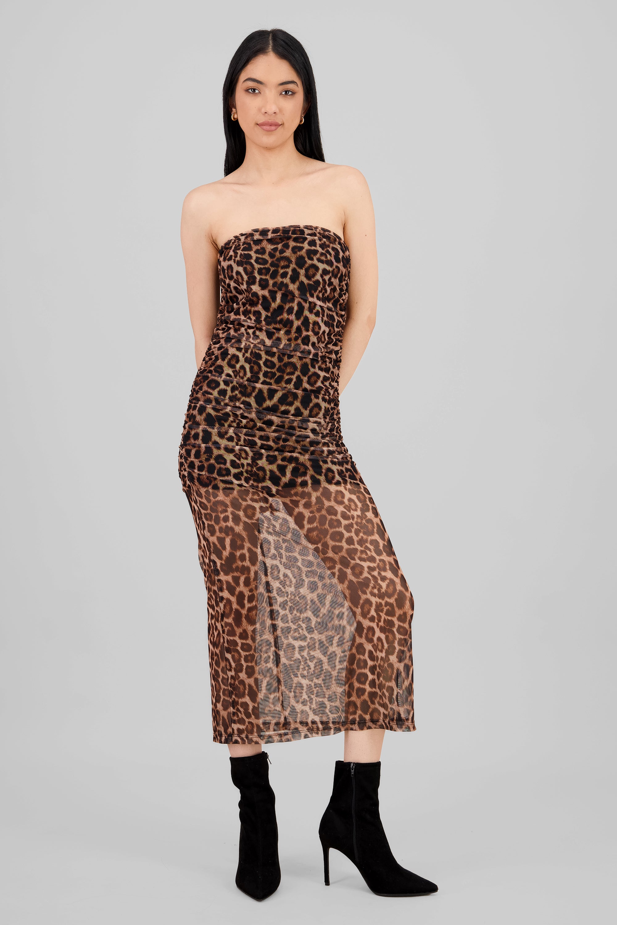 Draped Mesh Maxi Animal Print Dress BROWN COMBO