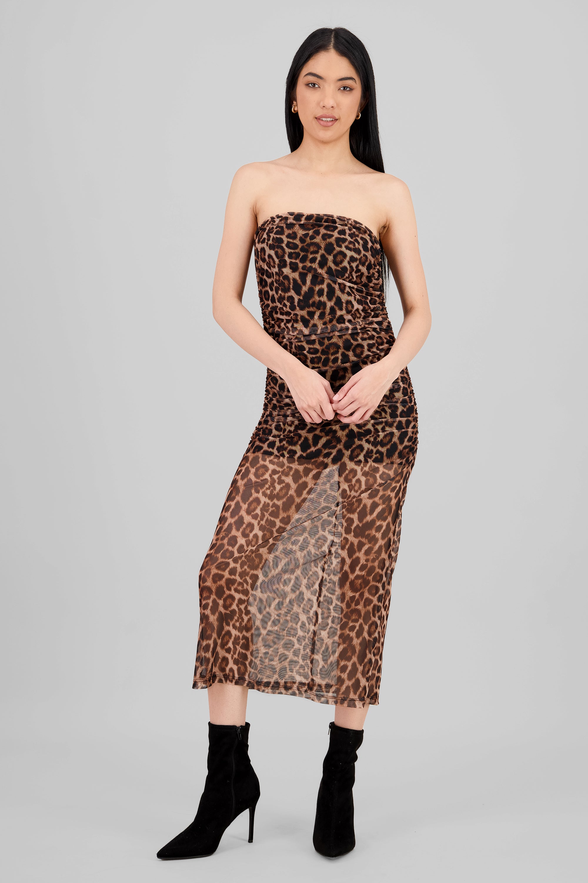 Draped Mesh Maxi Animal Print Dress BROWN COMBO