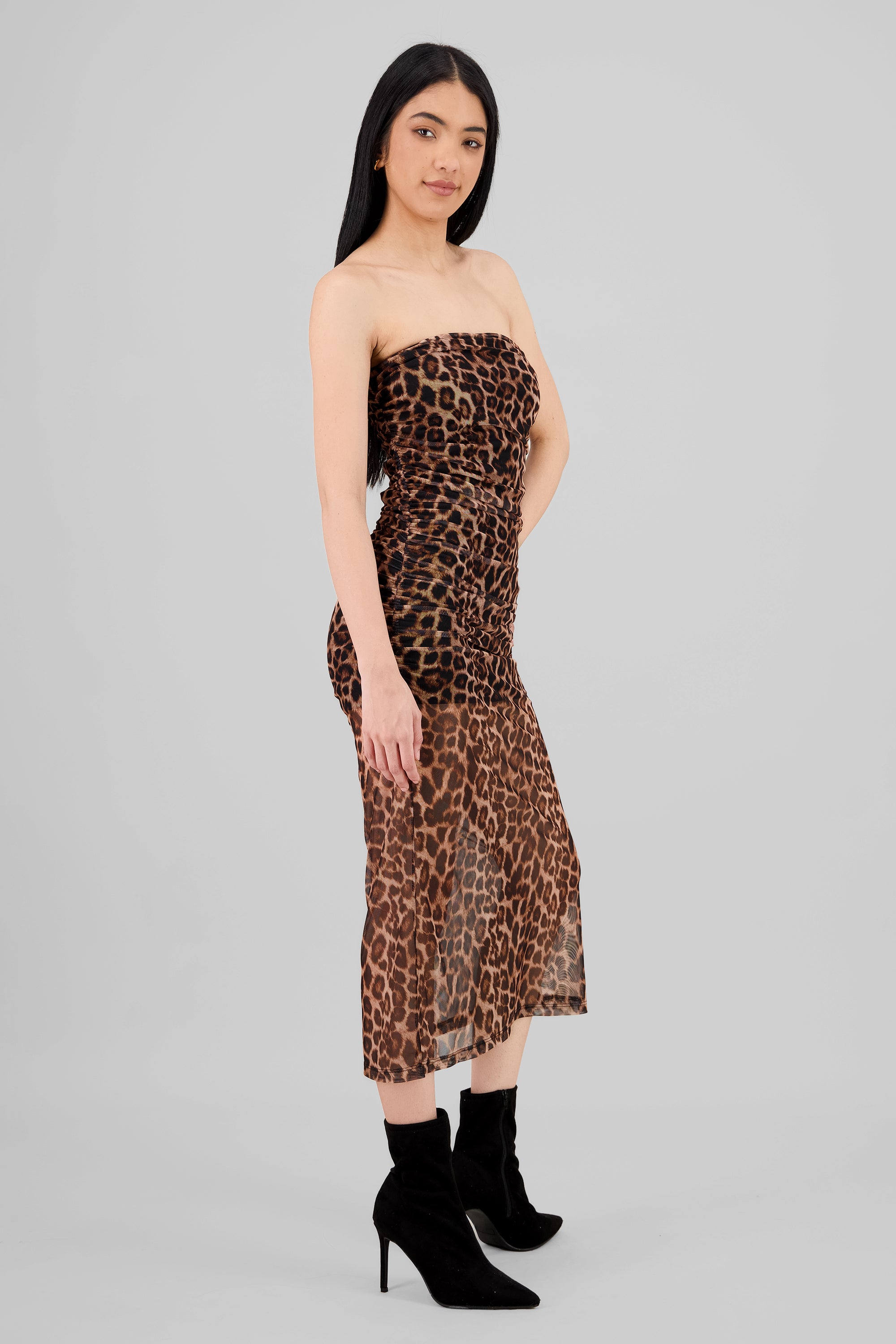 Draped Mesh Maxi Animal Print Dress BROWN COMBO