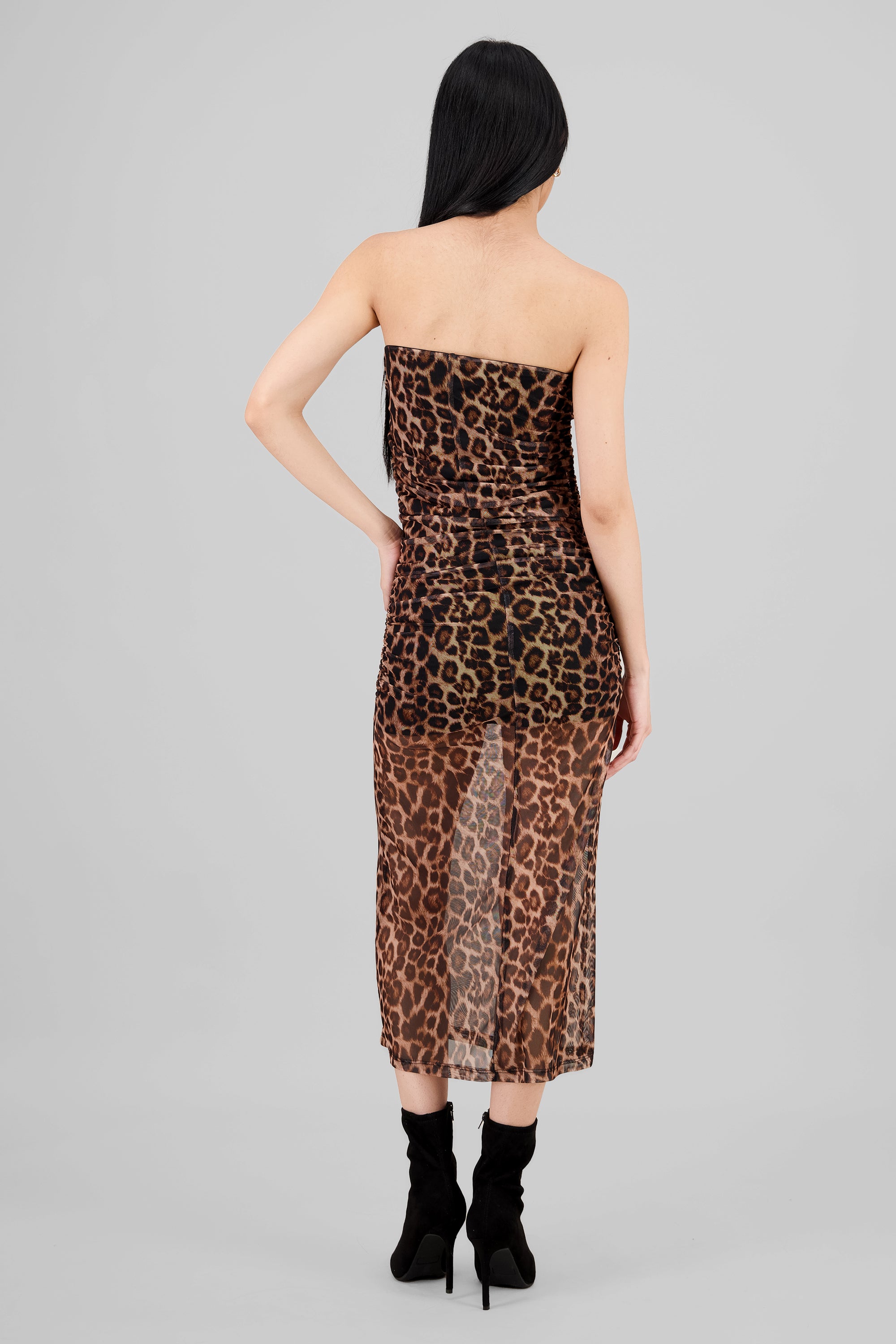 Draped Mesh Maxi Animal Print Dress BROWN COMBO