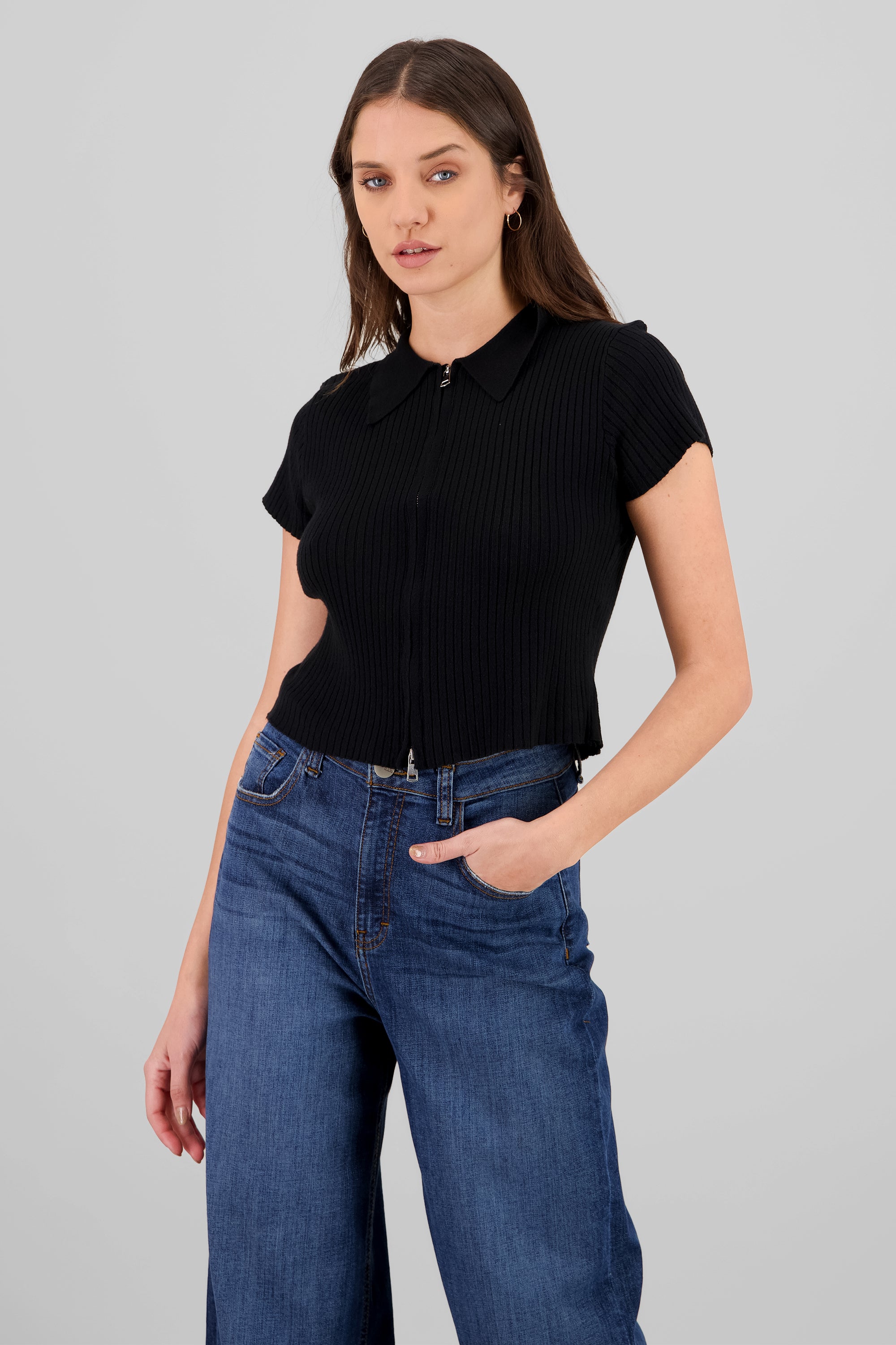 Solid Knit Top with Zipper BLACK