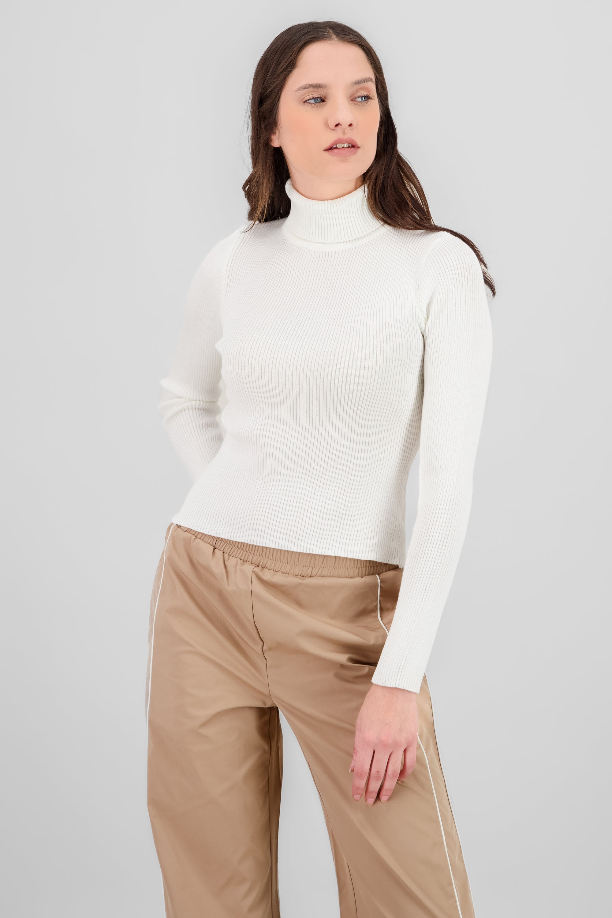 Solid Ribbed High Neck Sweater WHITE