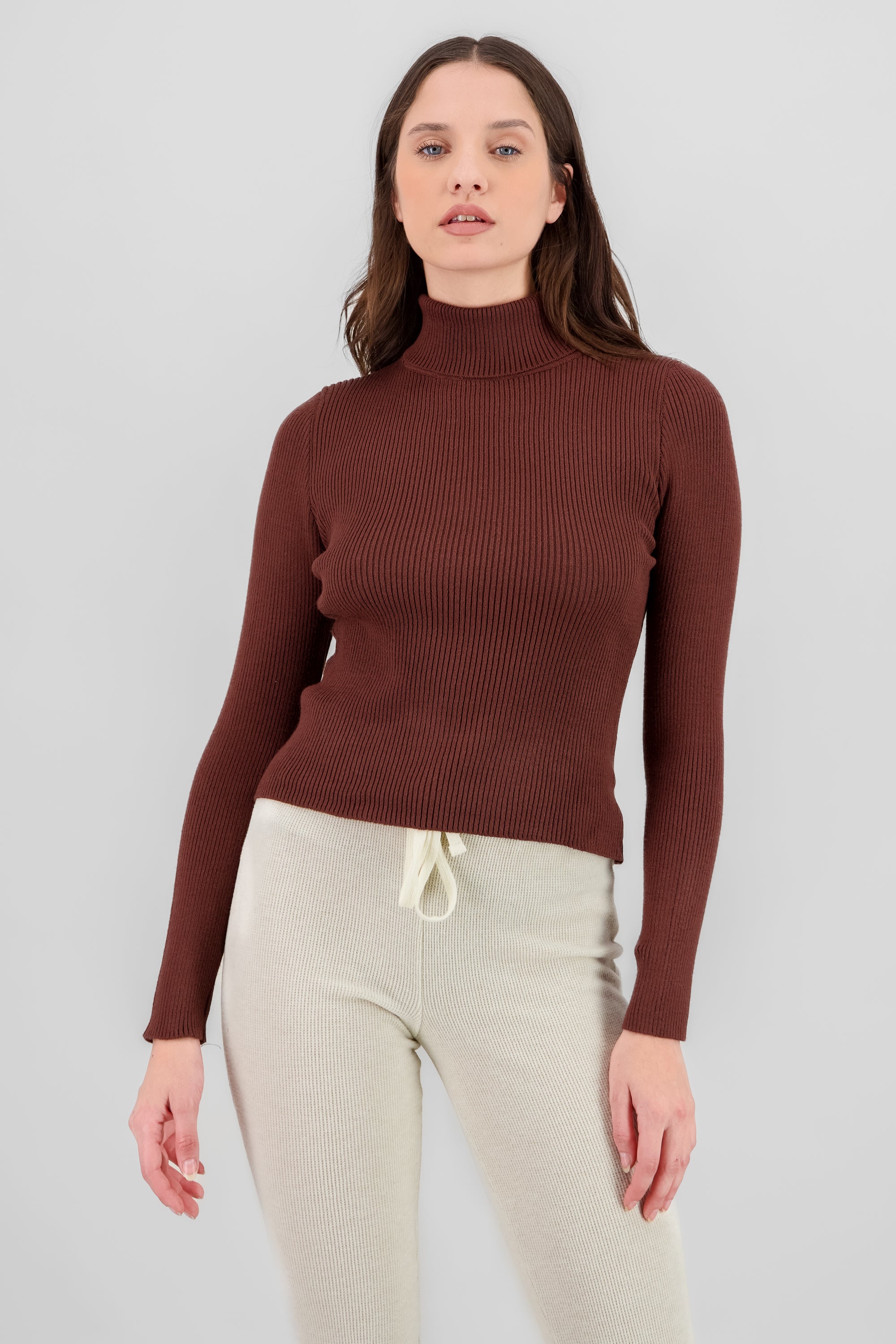 Solid Ribbed High Neck Sweater BROWN