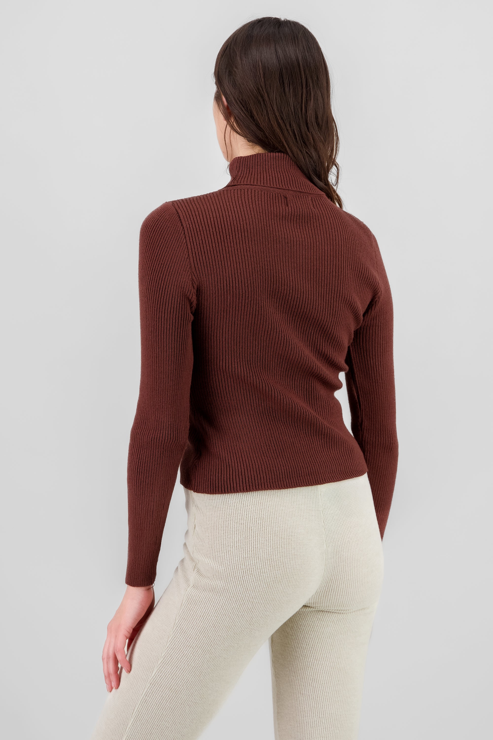 Solid Ribbed High Neck Sweater BROWN