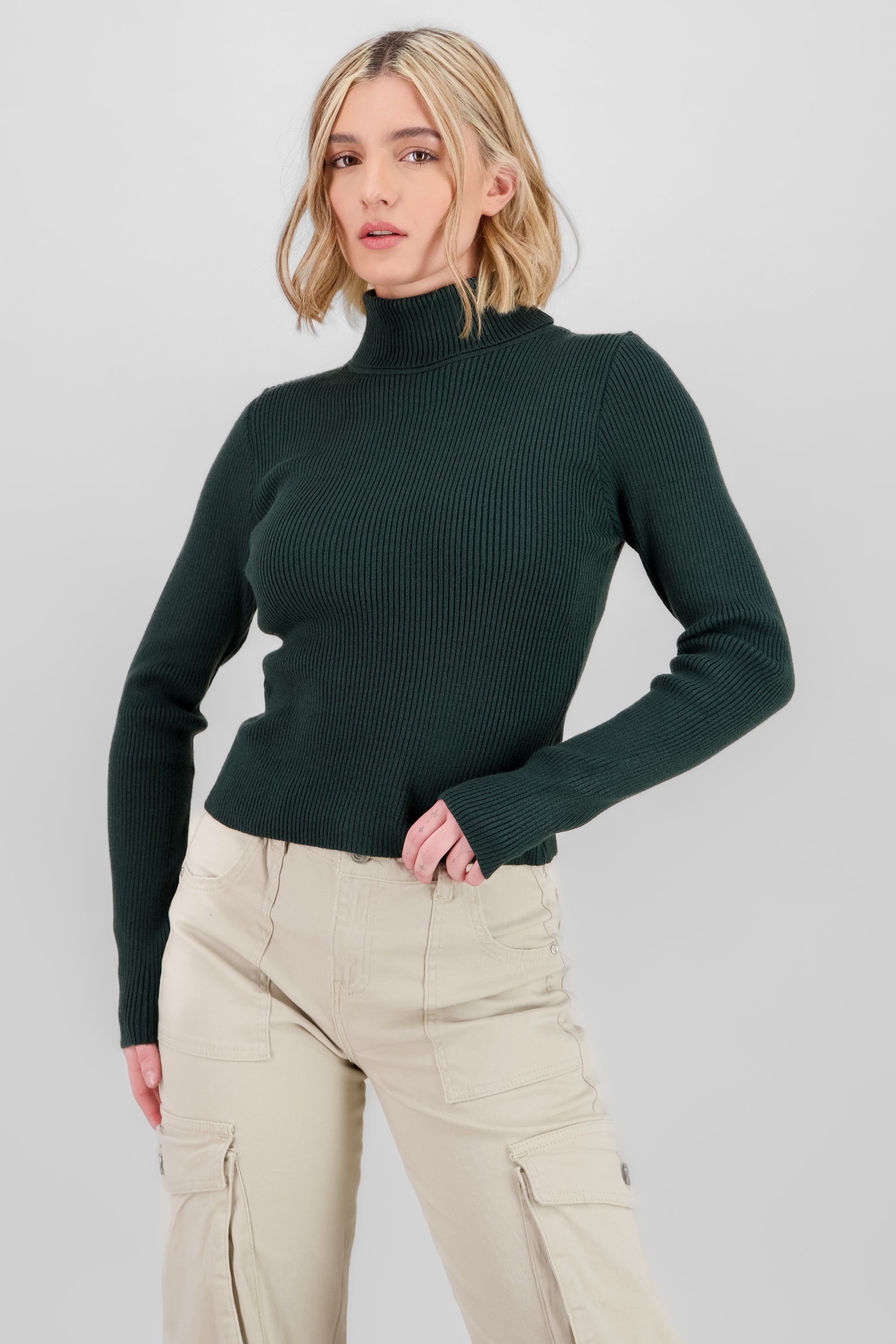 Solid Ribbed High Neck Sweater HUNTER GREEN