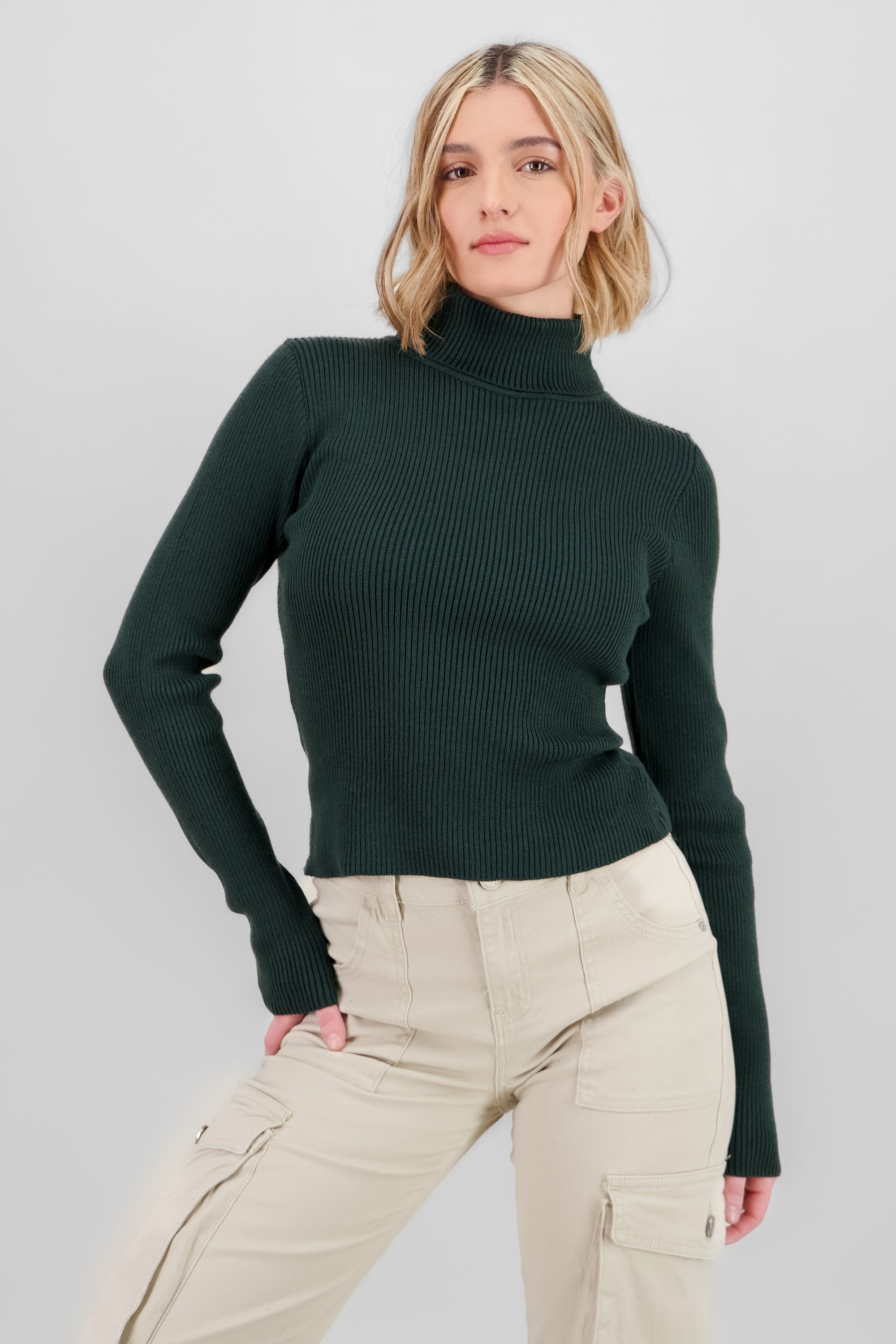 Solid Ribbed High Neck Sweater HUNTER GREEN