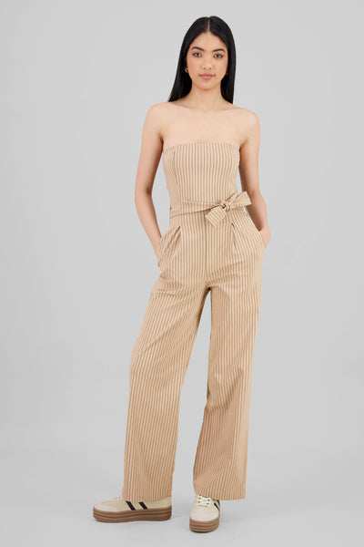 Striped Strapless Jumpsuit with Bow Detail BEIGE