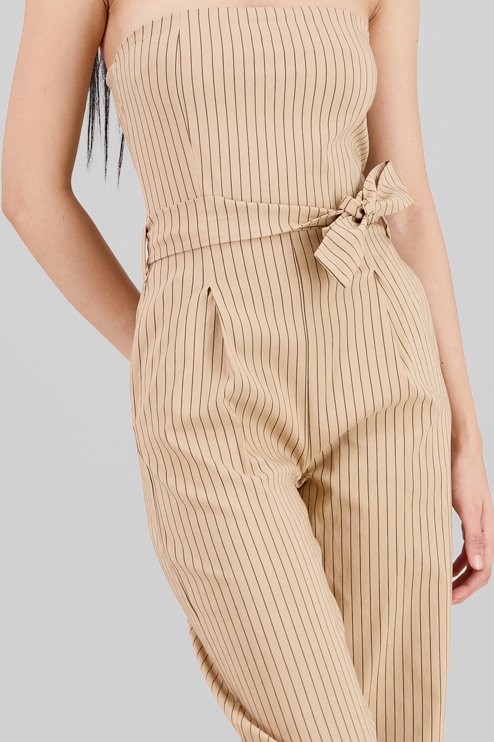 Striped Strapless Jumpsuit with Bow Detail BEIGE