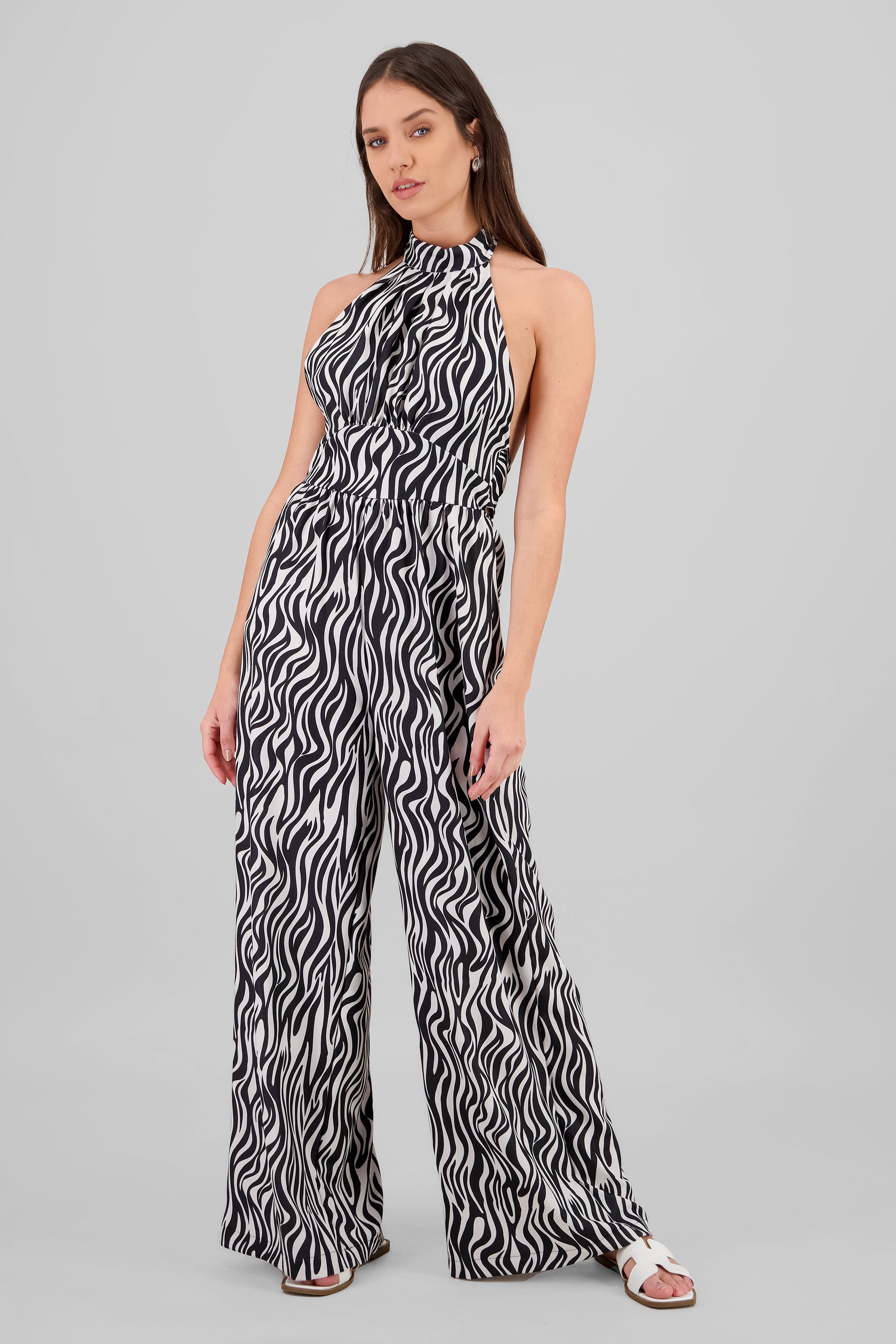 Halter Zebra Print Jumpsuit BLACK COMBO